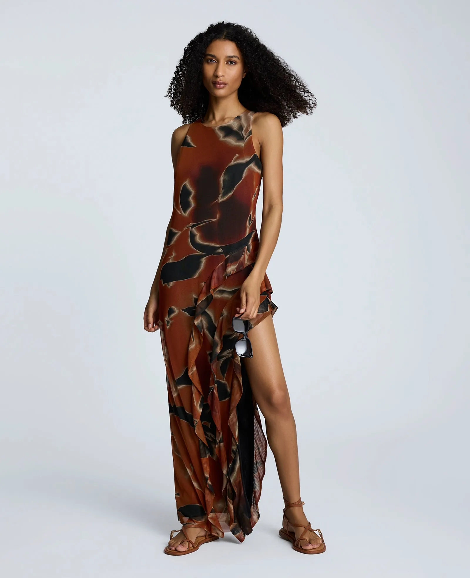 Printed Mesh Ruffle Slit Maxi Dress sold by Kenneth Cole