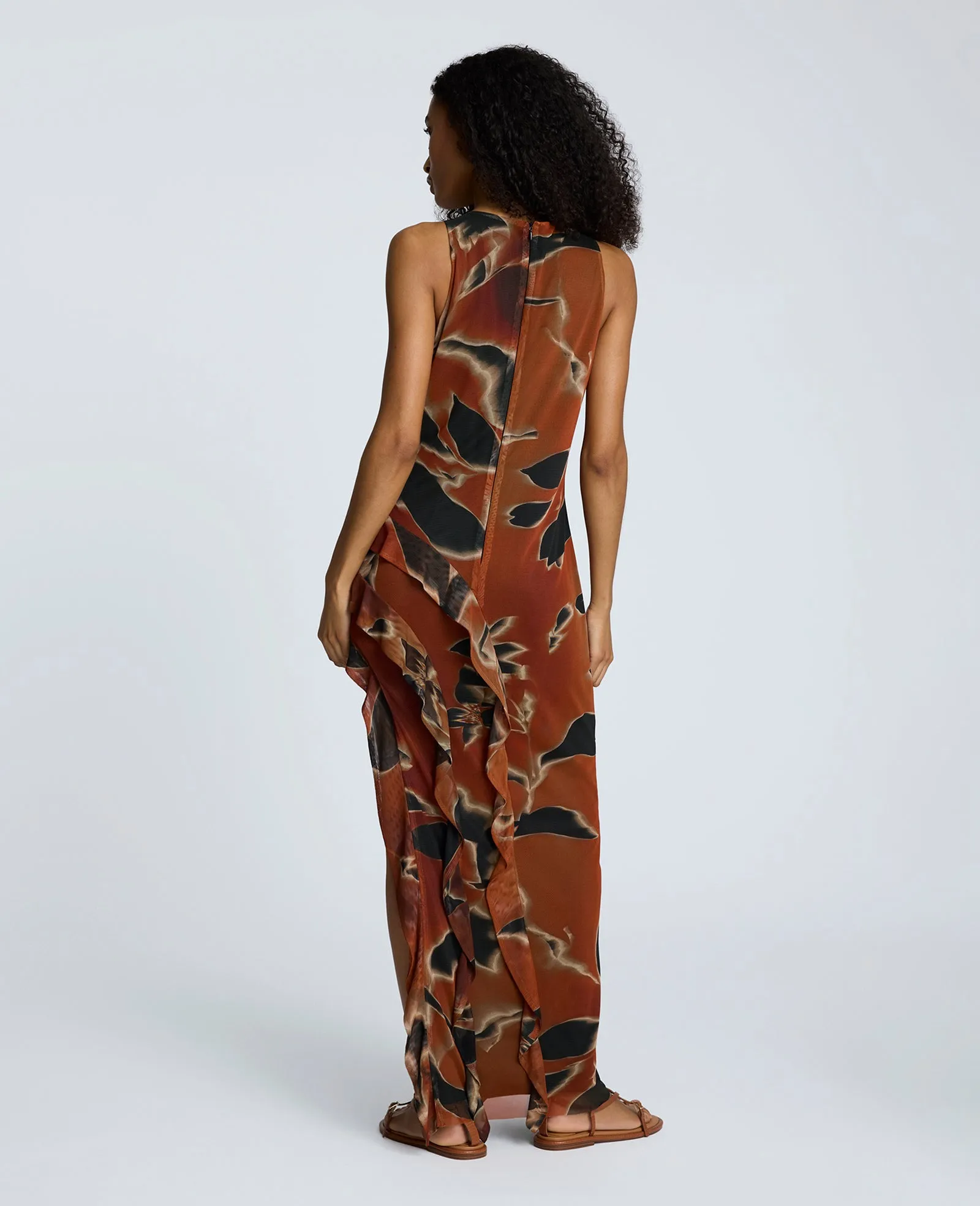 Printed Mesh Ruffle Slit Maxi Dress sold by Kenneth Cole product image thumbnail 4