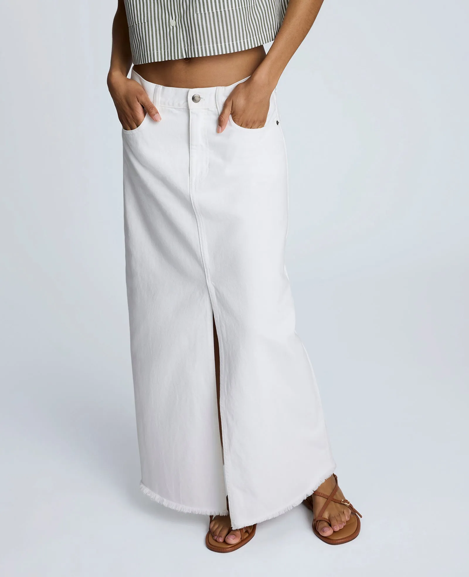 Denim Fly Front 4-Pocket Maxi Skirt With Fray Hem sold by Kenneth Cole product image thumbnail 2