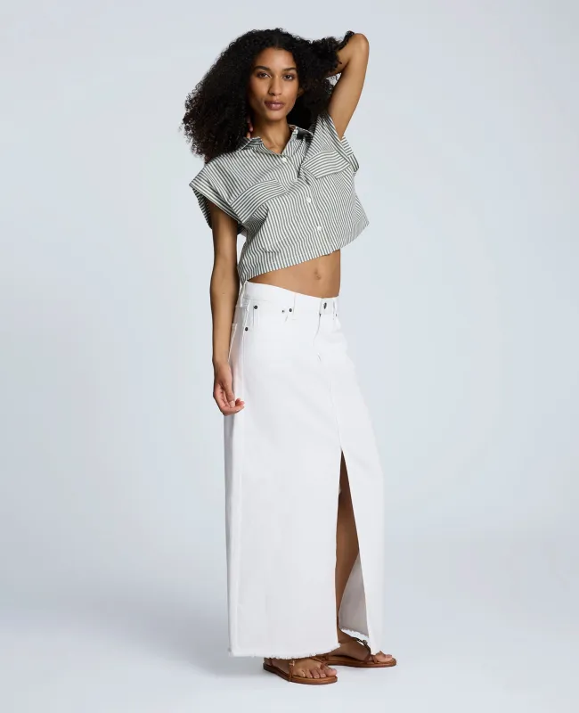 Denim Fly Front 4-Pocket Maxi Skirt With Fray Hem sold by Kenneth Cole