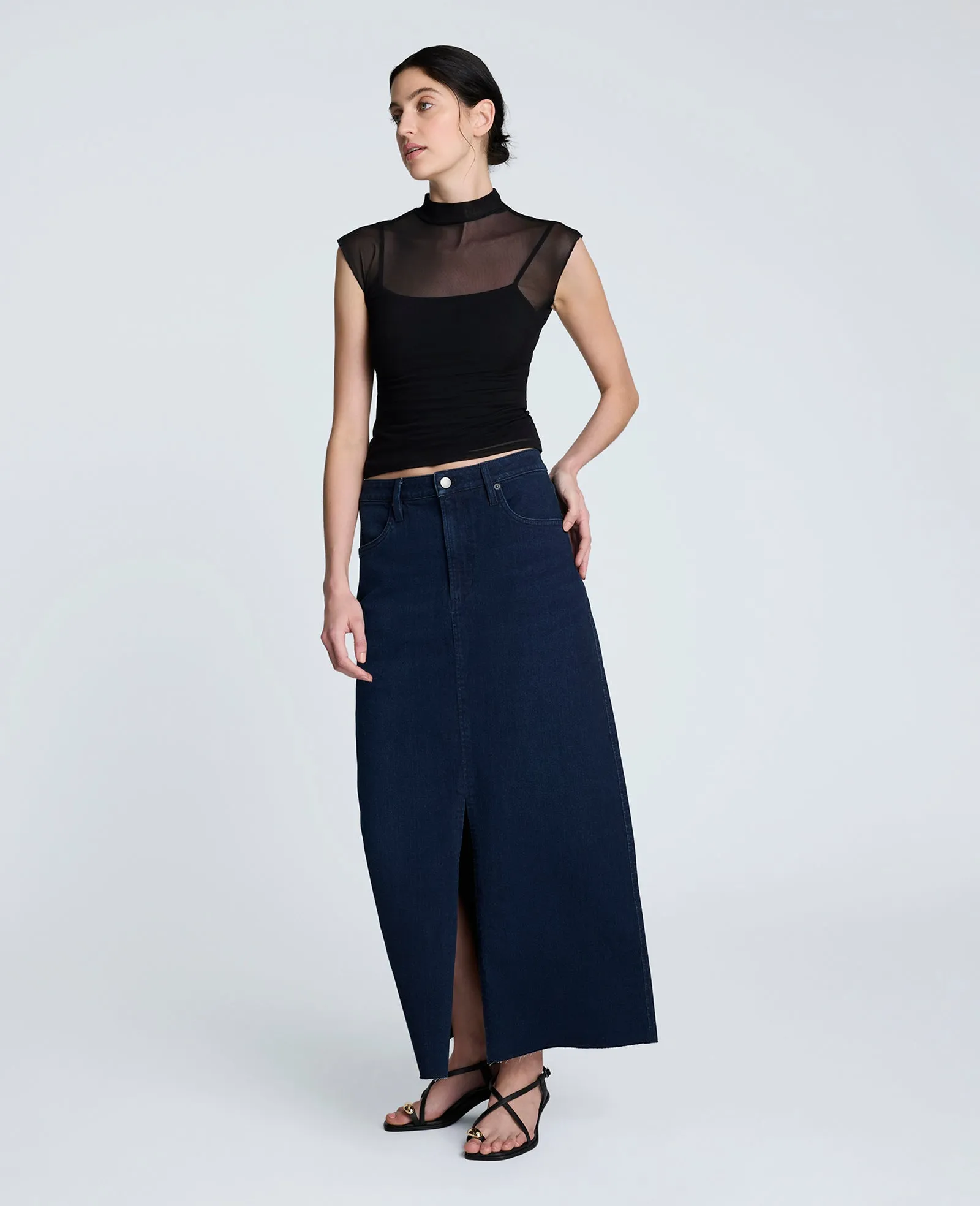 Denim Fly Front 4-Pocket Maxi Skirt With Fray Hem sold by Kenneth Cole