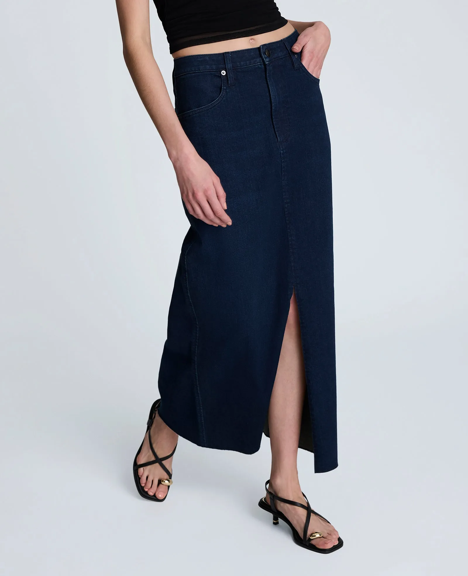 Denim Fly Front 4-Pocket Maxi Skirt With Fray Hem sold by Kenneth Cole product image thumbnail 2