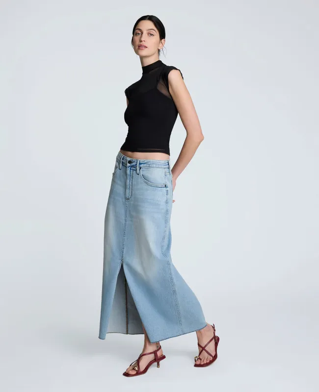 Denim Fly Front 4-Pocket Maxi Skirt With Fray Hem sold by Kenneth Cole
