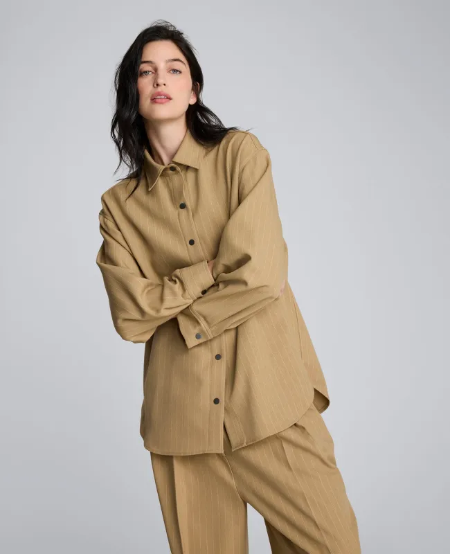 Pinstripe Drop Shoulder Snap Front Boyfriend Shirt made by Kenneth Cole