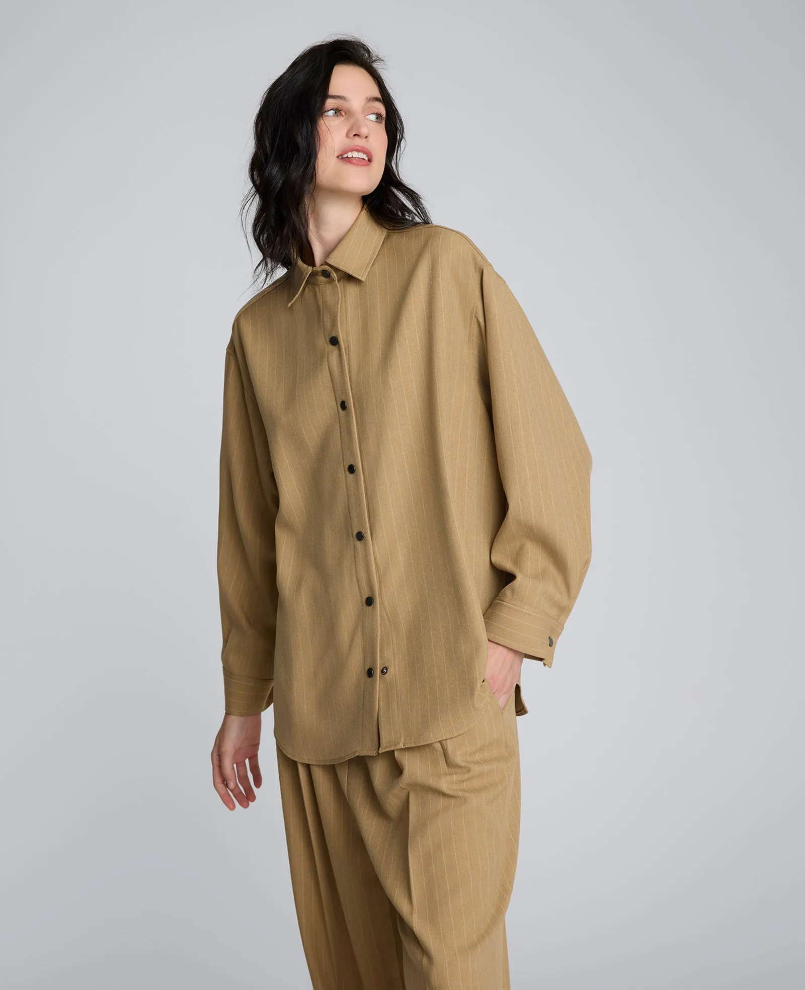 Pinstripe Drop Shoulder Snap Front Boyfriend Shirt sold by Kenneth Cole product image thumbnail 3