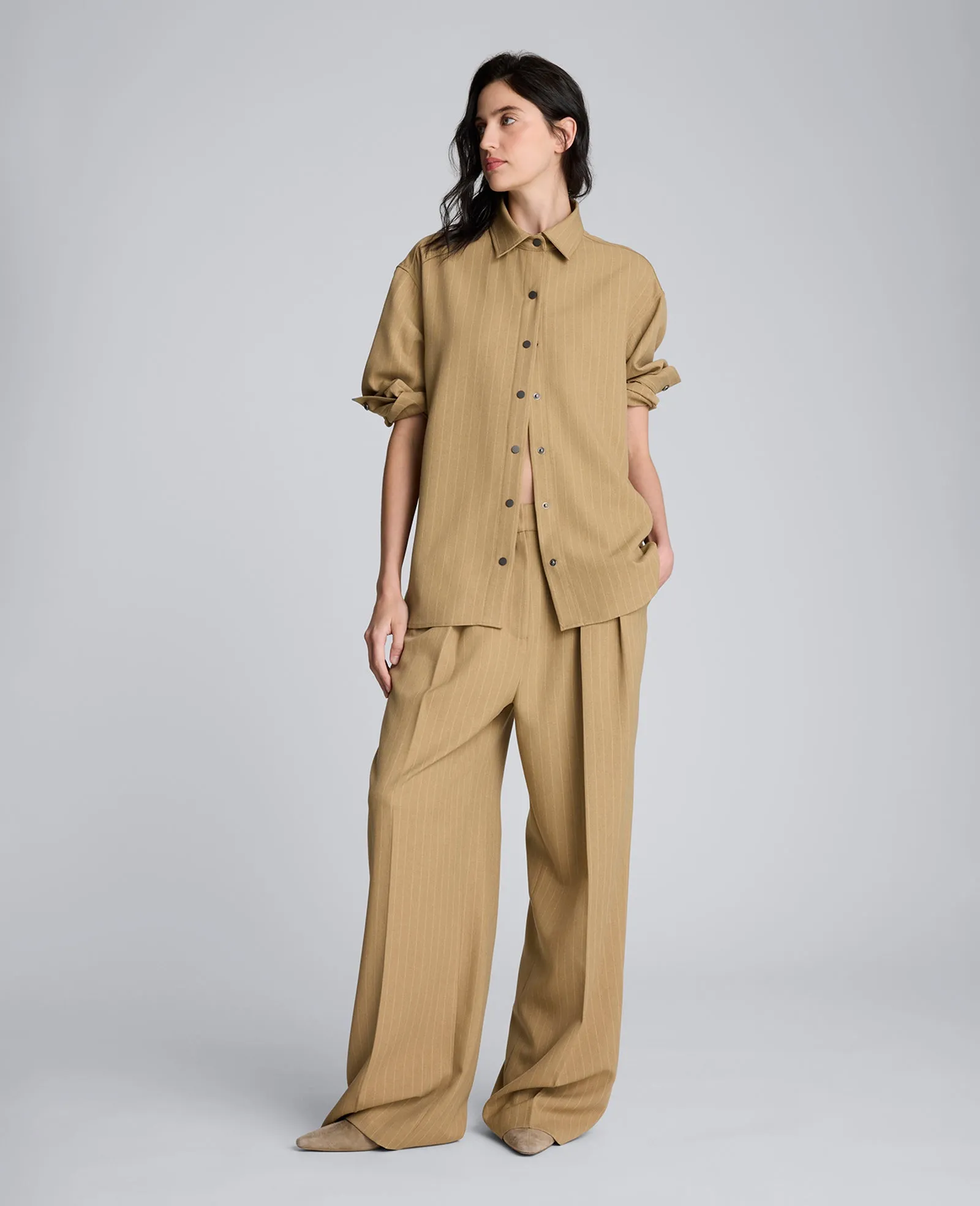 Pinstripe Drop Shoulder Snap Front Boyfriend Shirt sold by Kenneth Cole product image thumbnail 2
