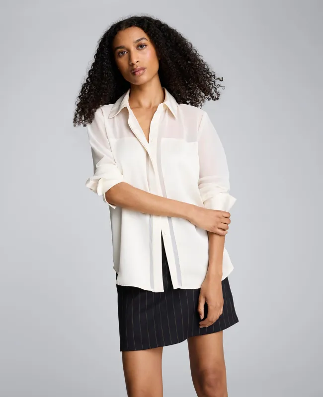 Long Sleeve Button Front Sheer Detail Woven Shirt sold by Kenneth Cole