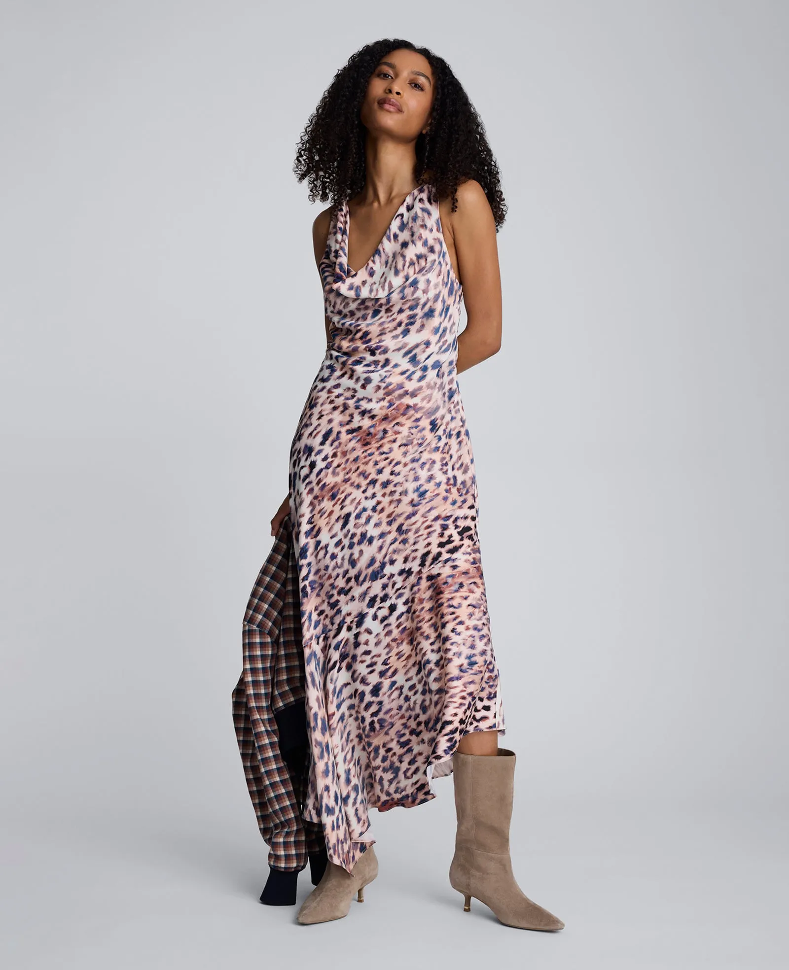 Printed Satin Asymmetric Hem Cowl Front Dress sold by Kenneth Cole product image thumbnail 5