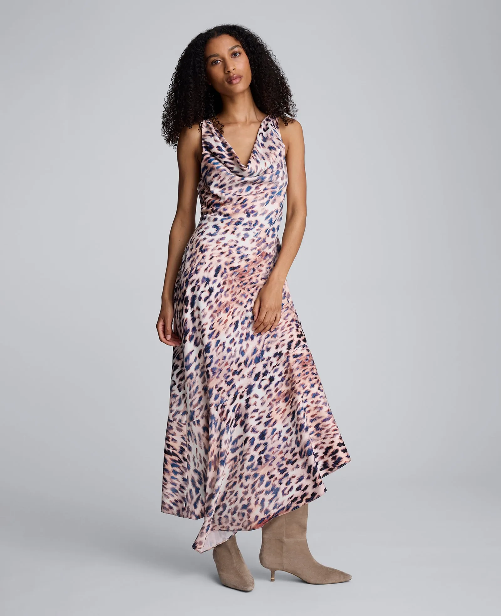 Printed Satin Asymmetric Hem Cowl Front Dress sold by Kenneth Cole