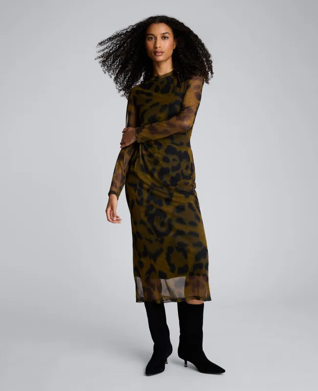 Printed Mesh Knot Front Long Sleeve Midi Dress sold by Kenneth Cole