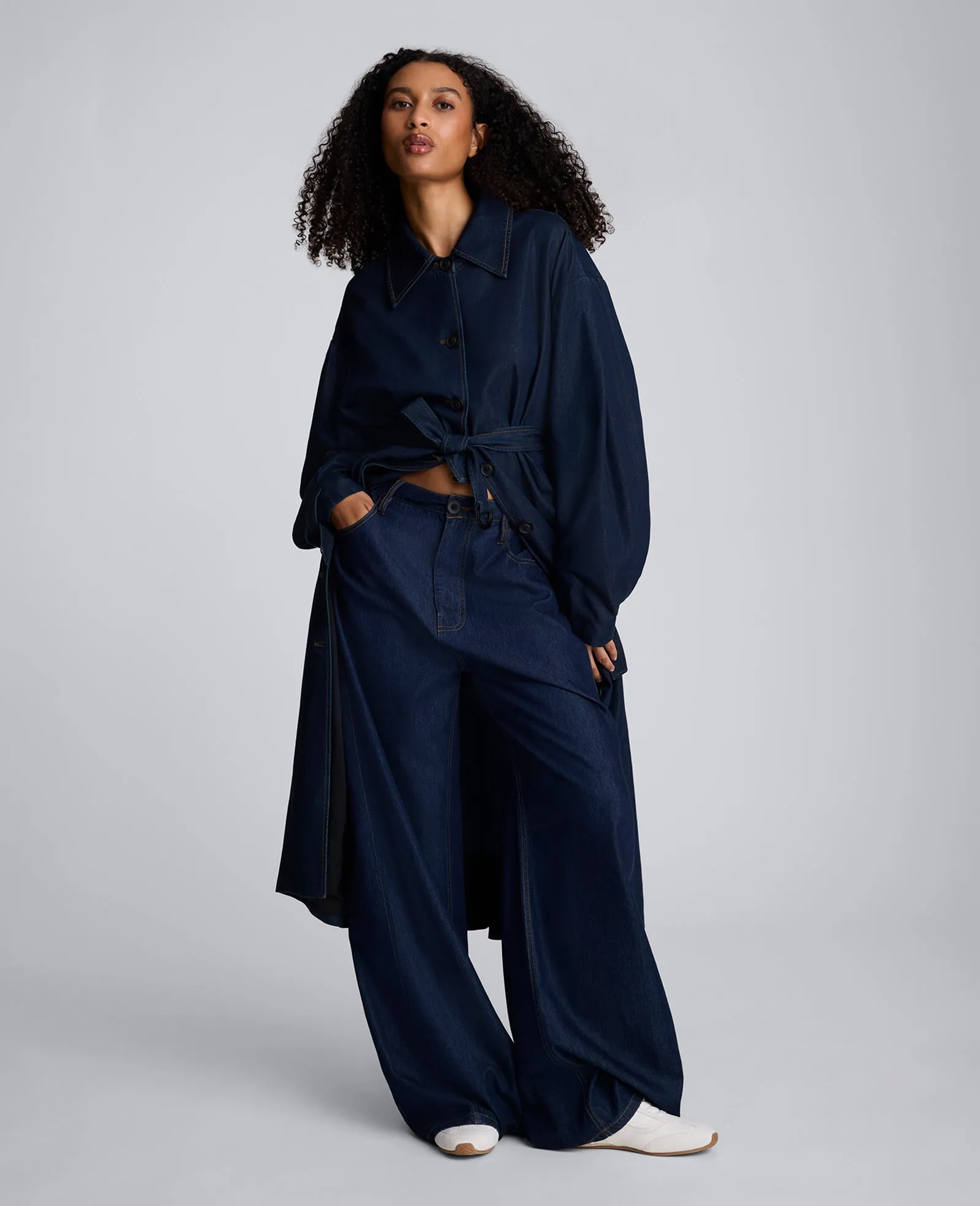 Drapey Denim Long Belted Trench sold by Kenneth Cole