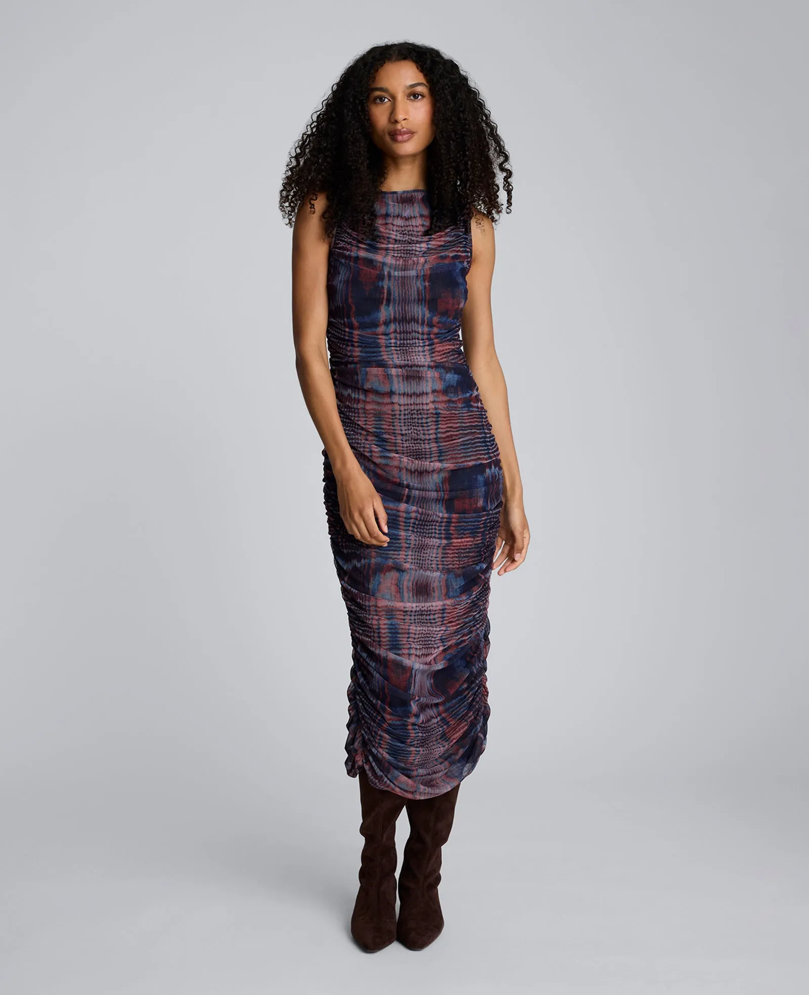 Printed Mesh Fully Ruched Modern Midi Dress sold by Kenneth Cole