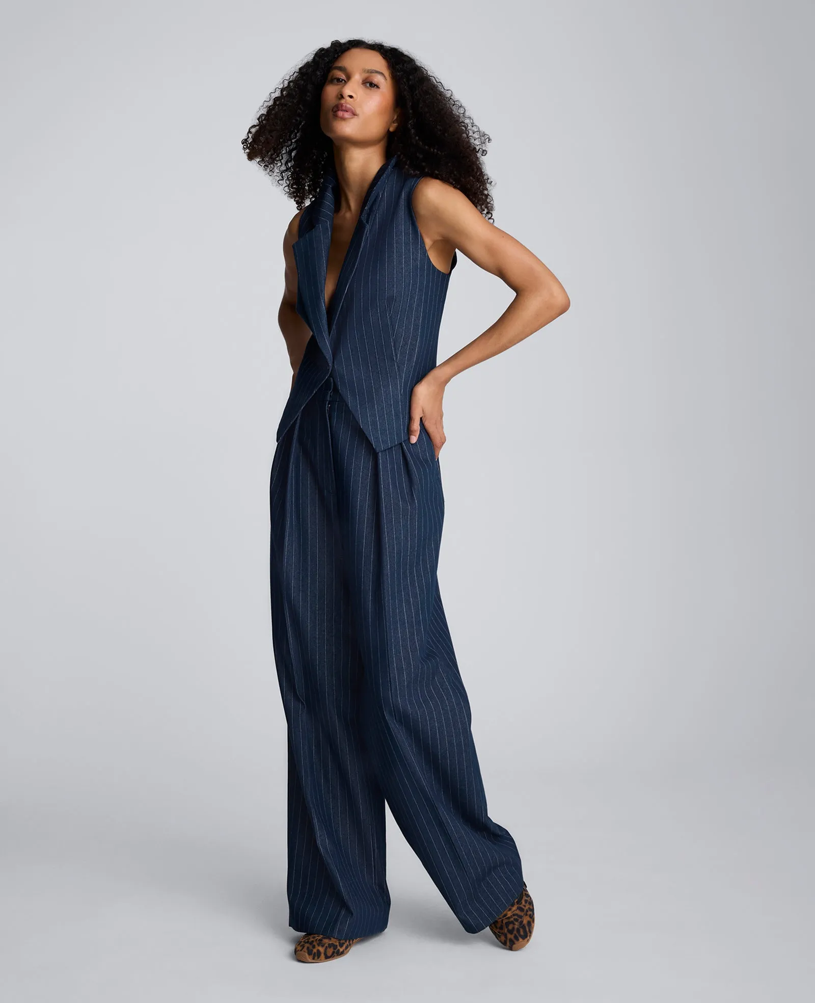 Pinstripe High Rise Fly Front Double Pleat Wide Leg sold by Kenneth Cole