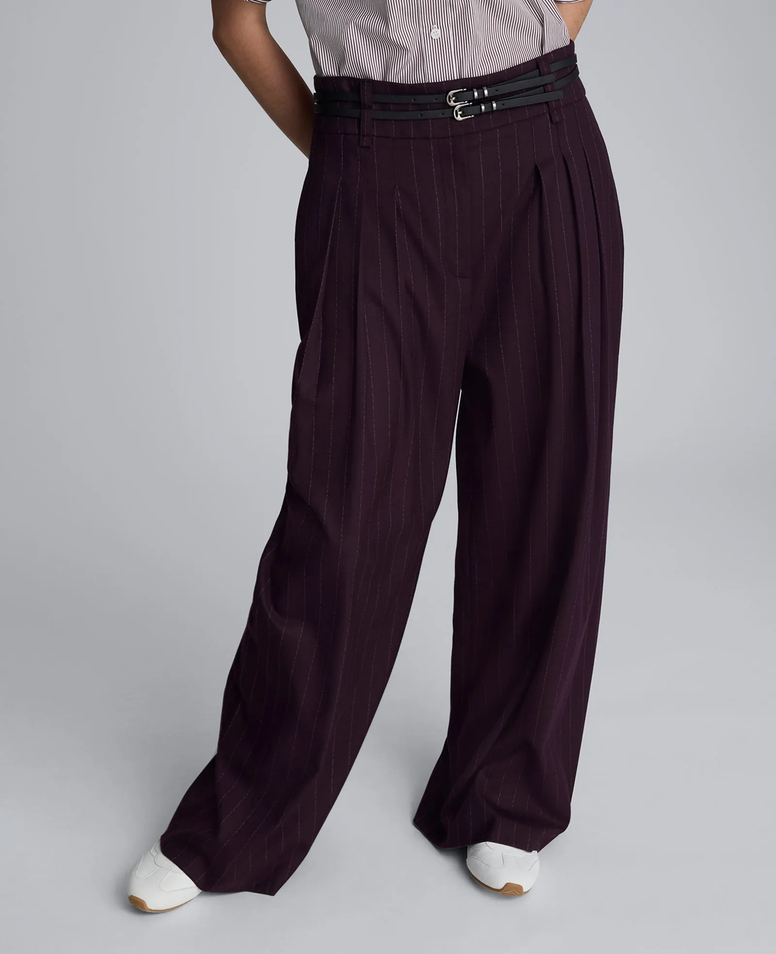 Pinstripe Wide Leg Double Belted Pant sold by Kenneth Cole