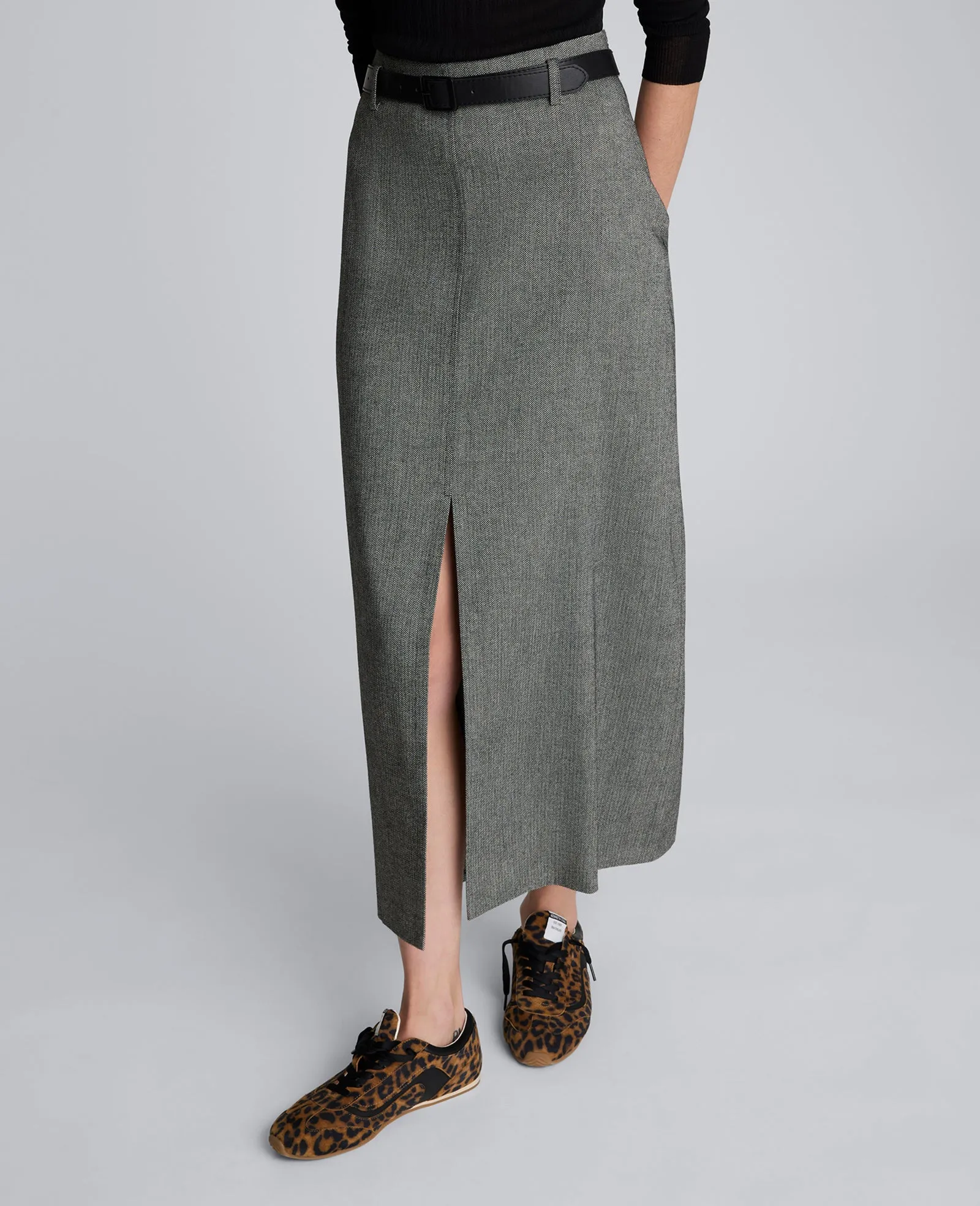 Herringbone Slit Front Belted Midi Skirt sold by Kenneth Cole product image thumbnail 2