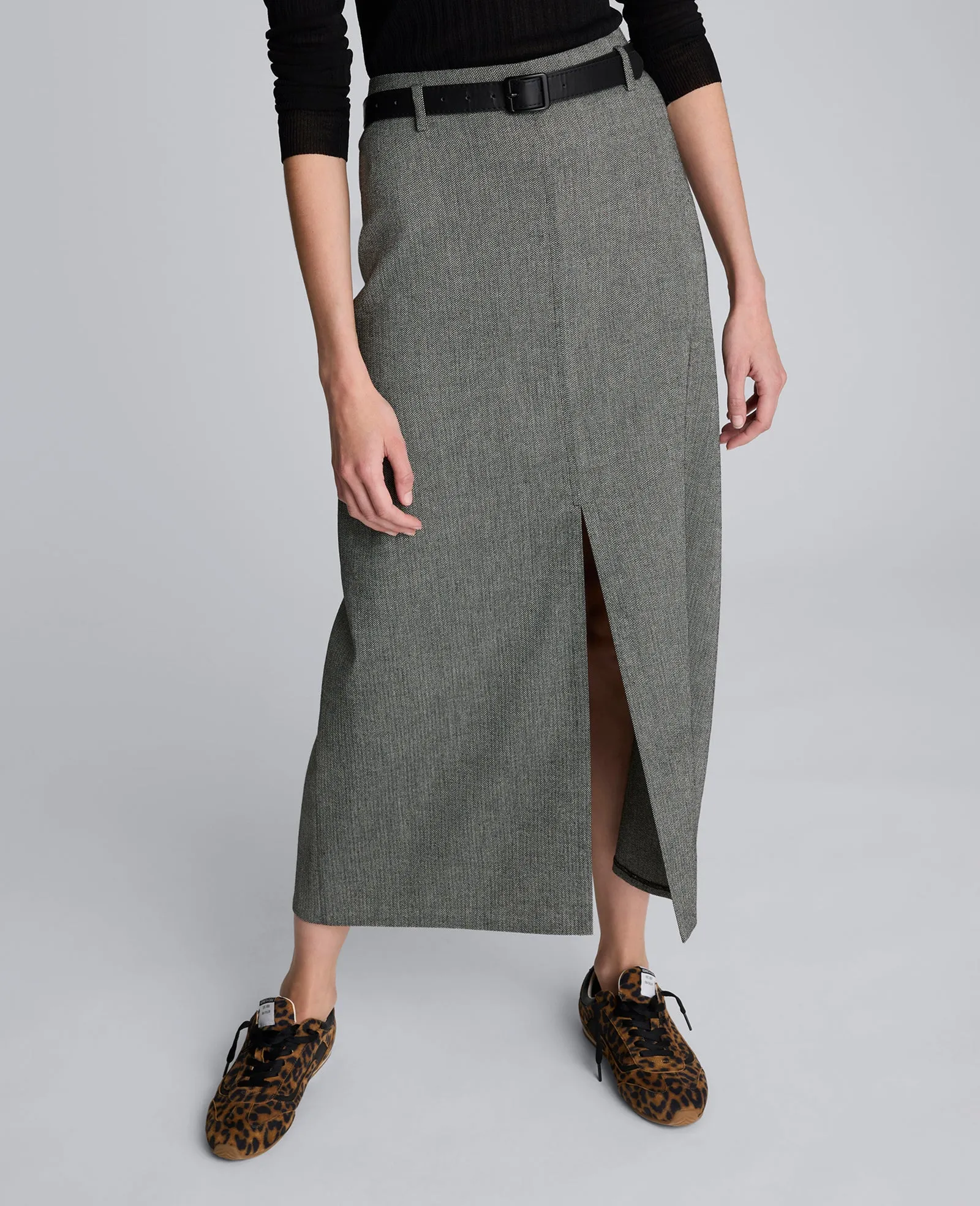 Herringbone Slit Front Belted Midi Skirt sold by Kenneth Cole