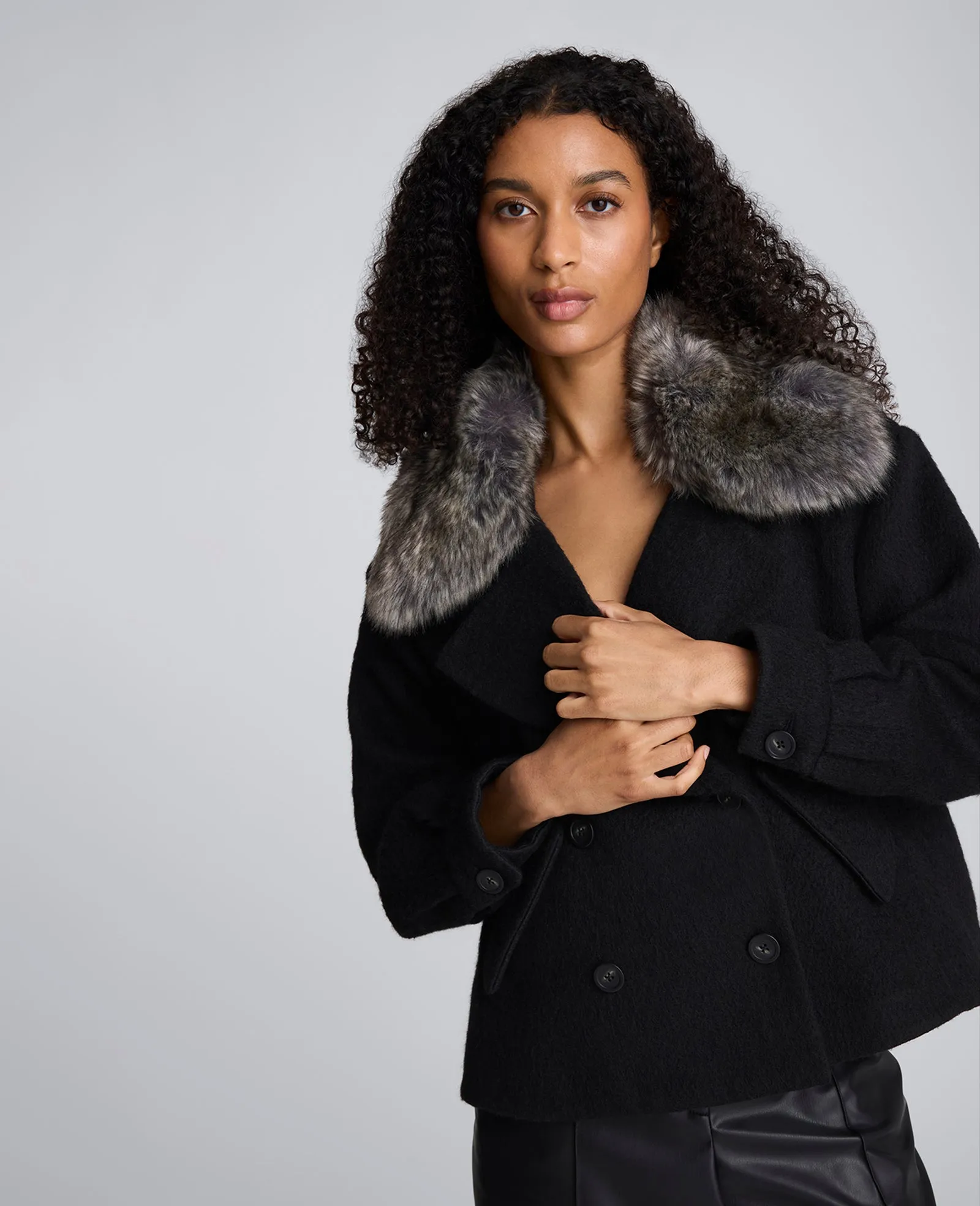 Brushed Wool Removeable Faux Fur Collar Cropped Peacoat sold by Kenneth Cole product image thumbnail 2