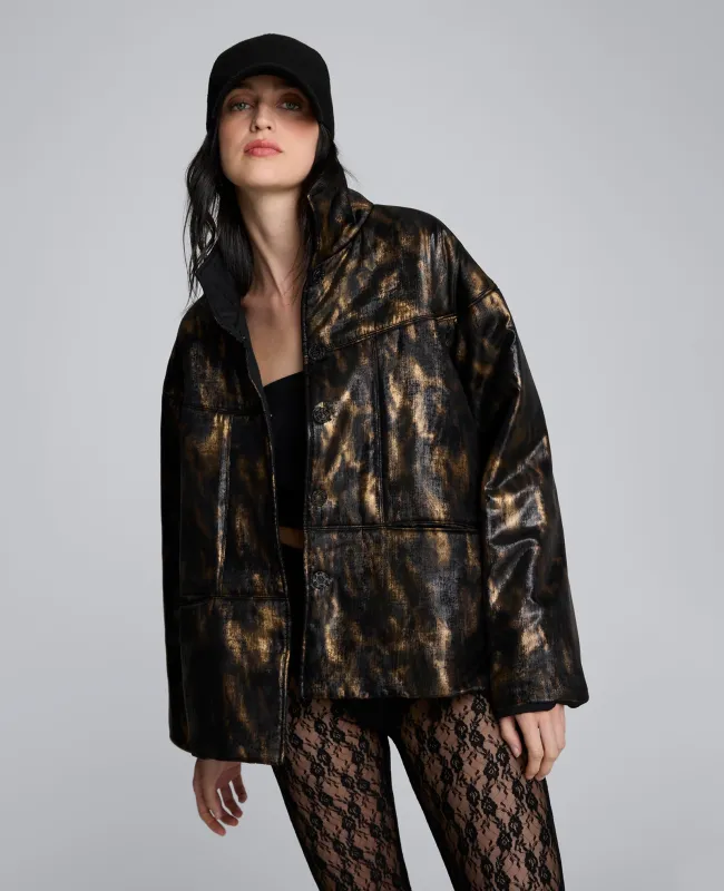 Animal Foiled Satin Lightweight Seamed Puffer Jacket made by Kenneth Cole