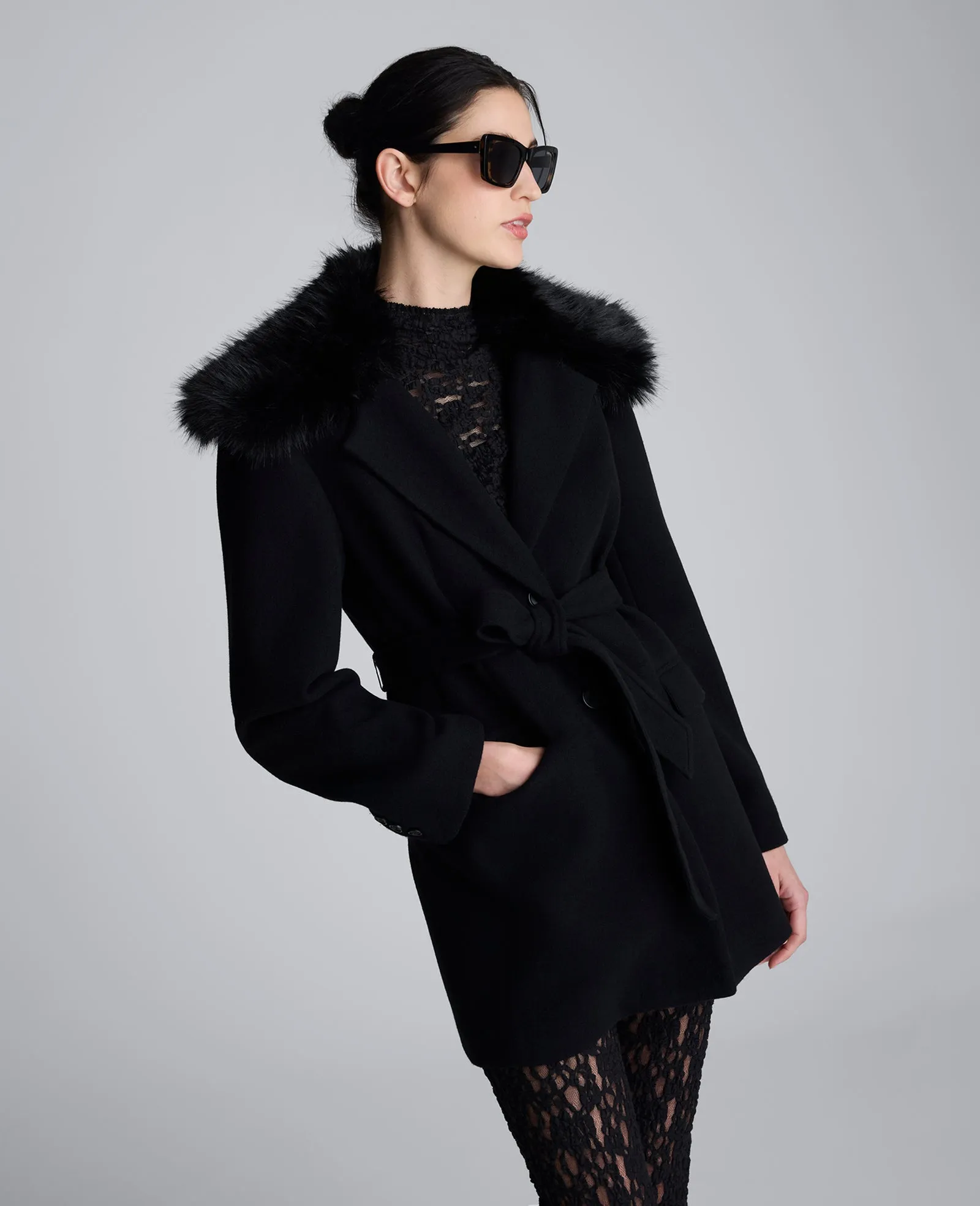 Belted Jacket With Faux Fur Collar sold by Kenneth Cole