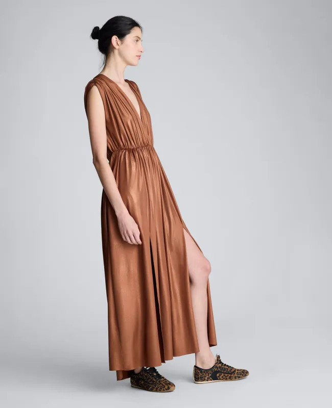 Metallic Knit Deep V-Neck Gathered Maxi Dress sold by Kenneth Cole