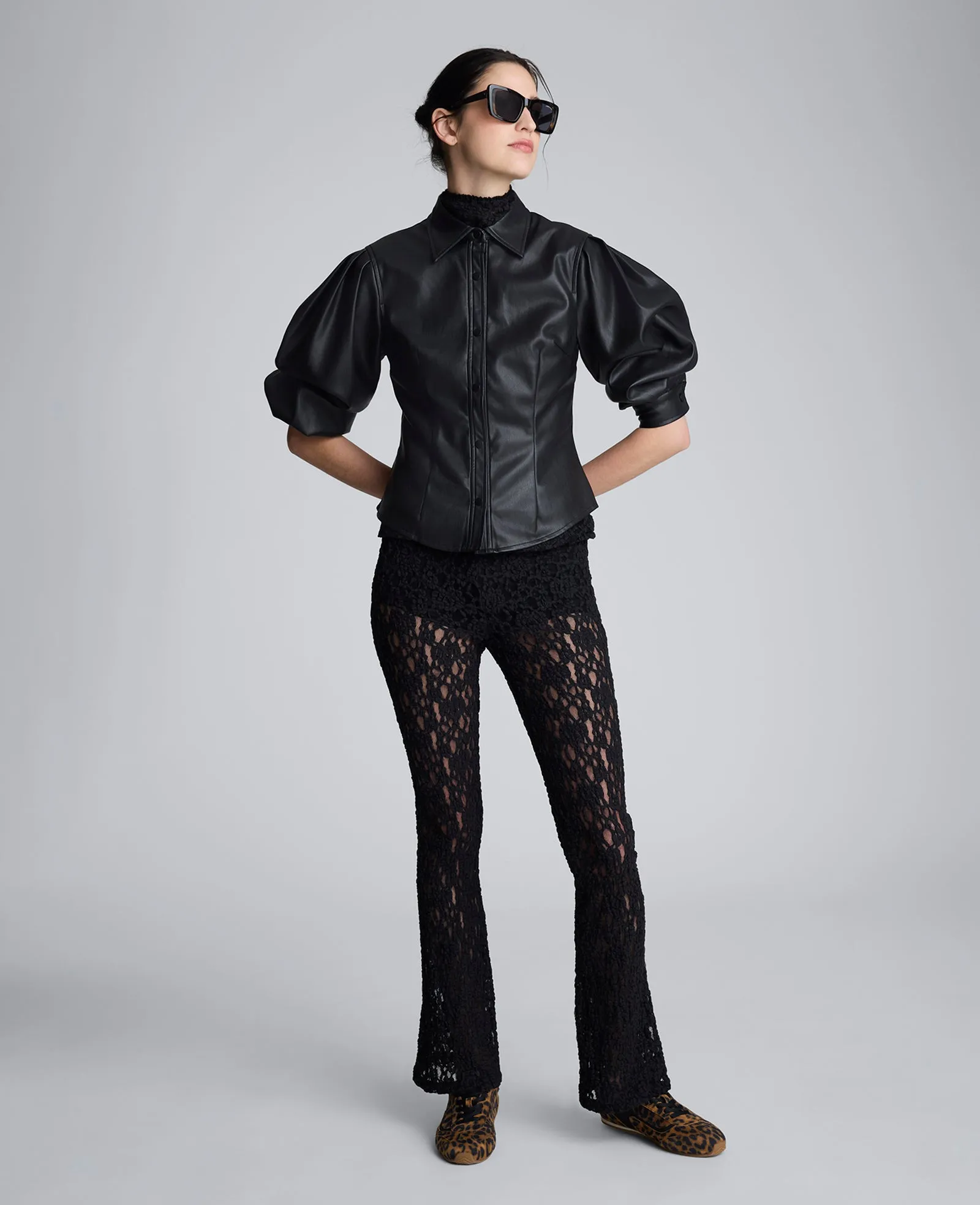 Faux Leather Snap Front Pleated Long Sleeve Fitted Shirt sold by Kenneth Cole