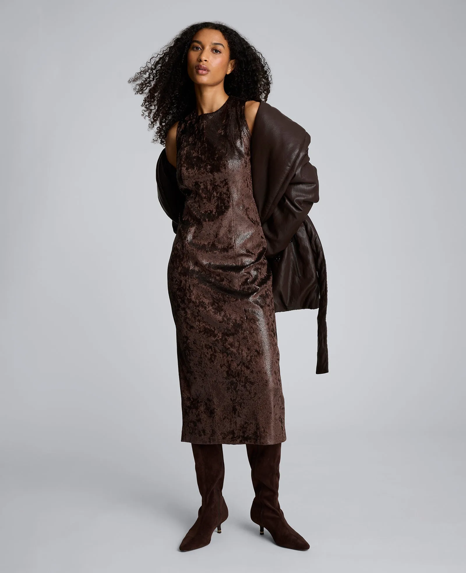 Snake Skin Textured Velvet Crew Neck Sheath Midi Dress sold by Kenneth Cole product image thumbnail 3