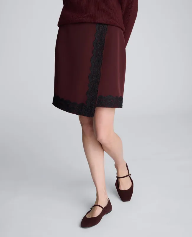 Luxe Twill Faux Wrap Mini Skirt With Lace Trim sold by Kenneth Cole