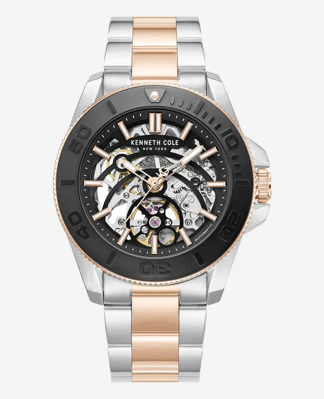 Skeleton Automatic Black Contrast Dial Two Tone Bracelet Watch sold by Kenneth Cole