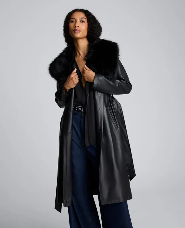 Belted Faux Leather Trench Coat with Faux Fur Collar sold by Kenneth Cole