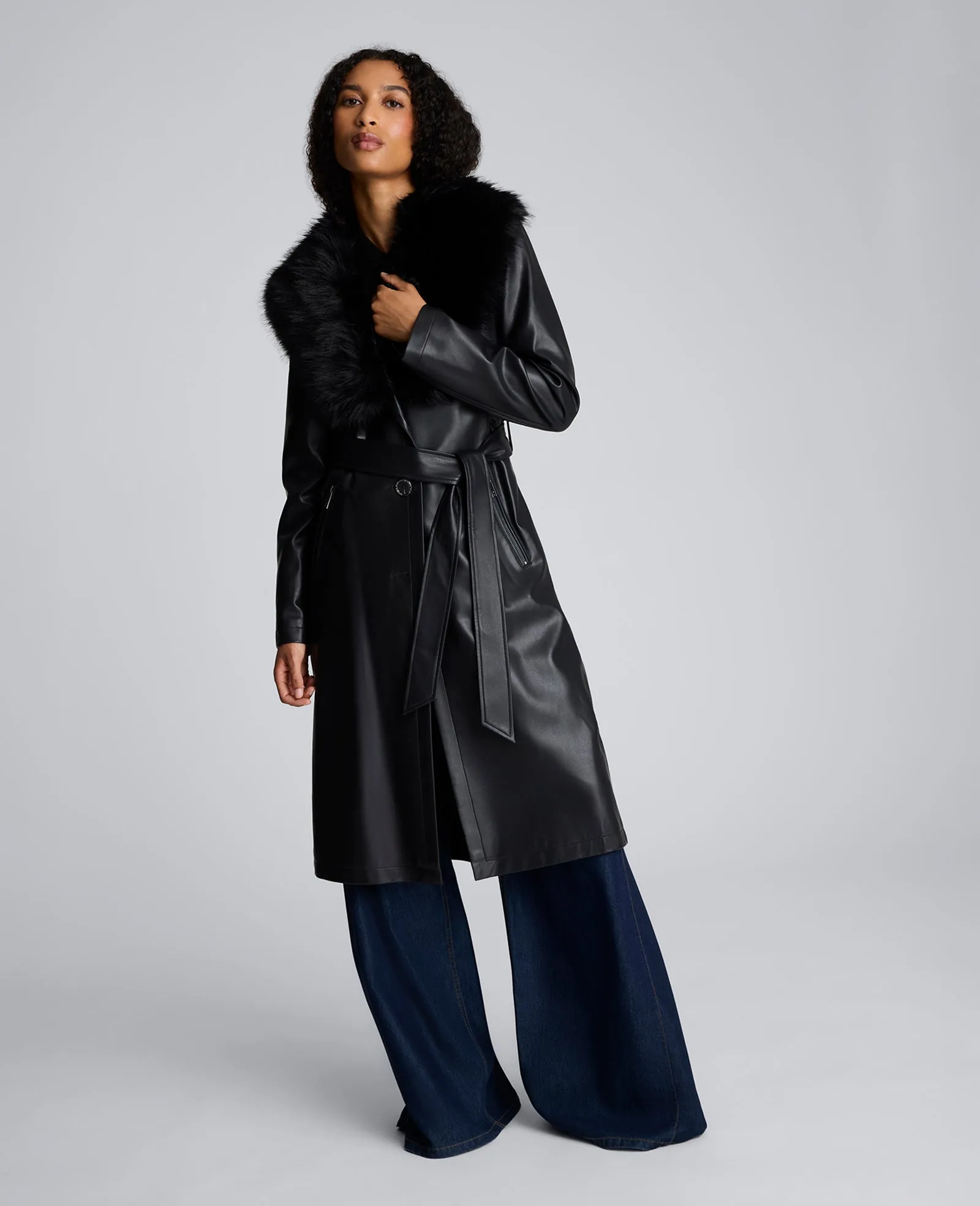 Belted Faux Leather Trench Coat with Faux Fur Collar sold by Kenneth Cole product image thumbnail 4