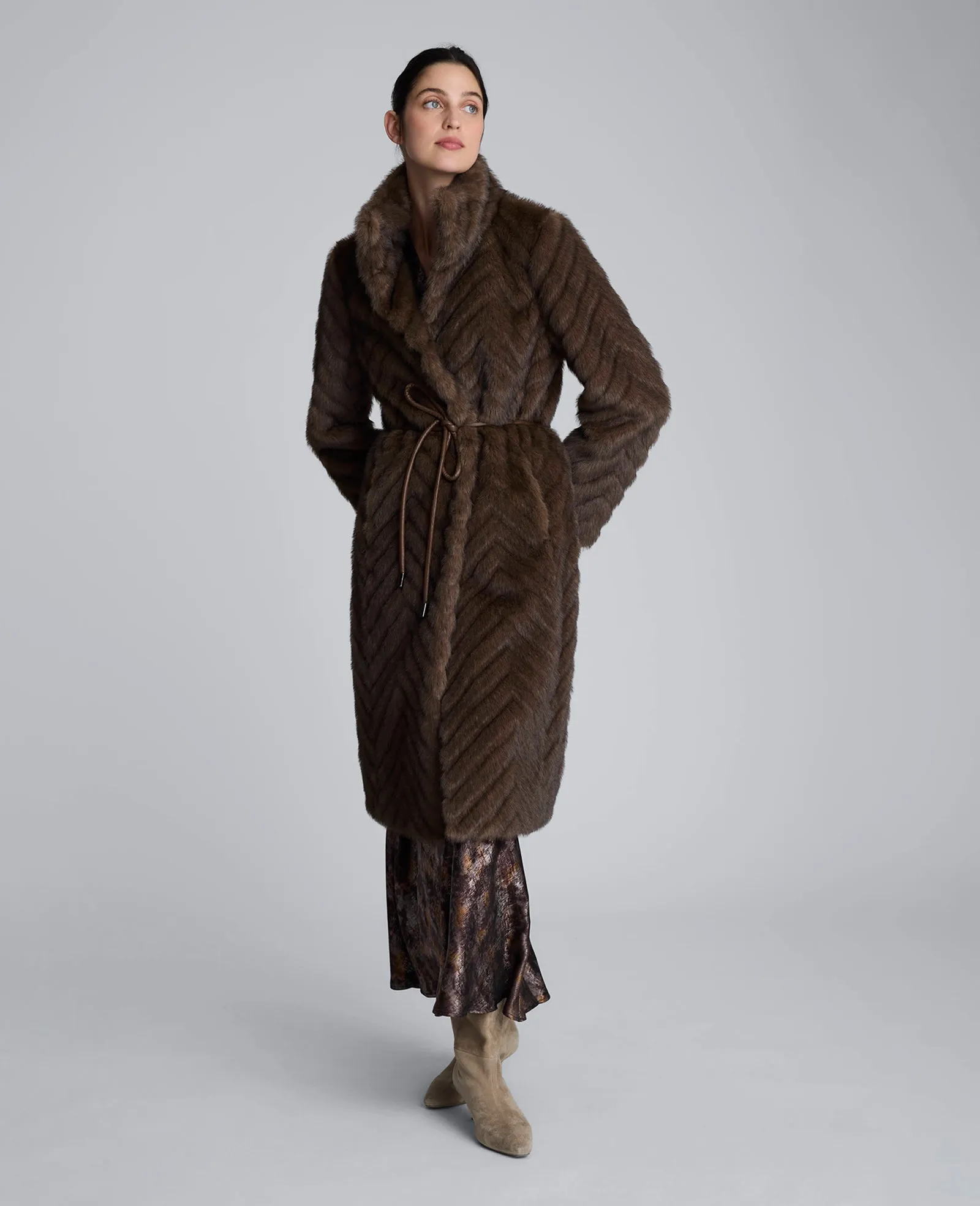 Grooved Faux Fur Coat with Tie Belt sold by Kenneth Cole