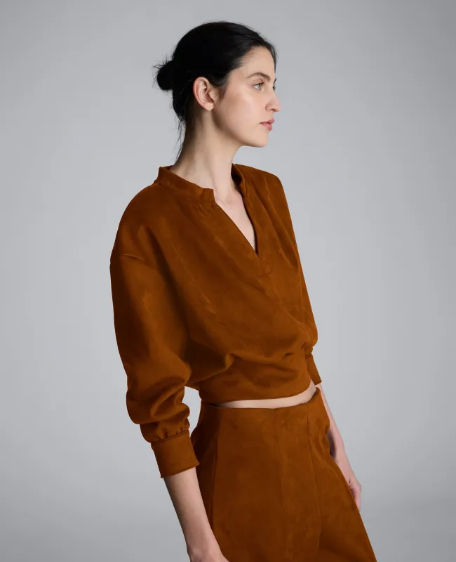 Faux Suede Shoulder Pleated Long Sleeve Knit Pullover sold by Kenneth Cole