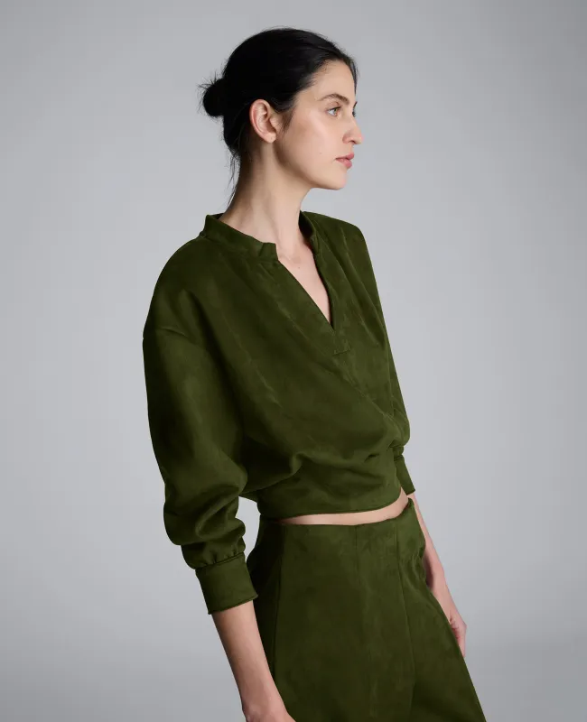 Faux Suede Shoulder Pleated Long Sleeve Knit Pullover sold by Kenneth Cole