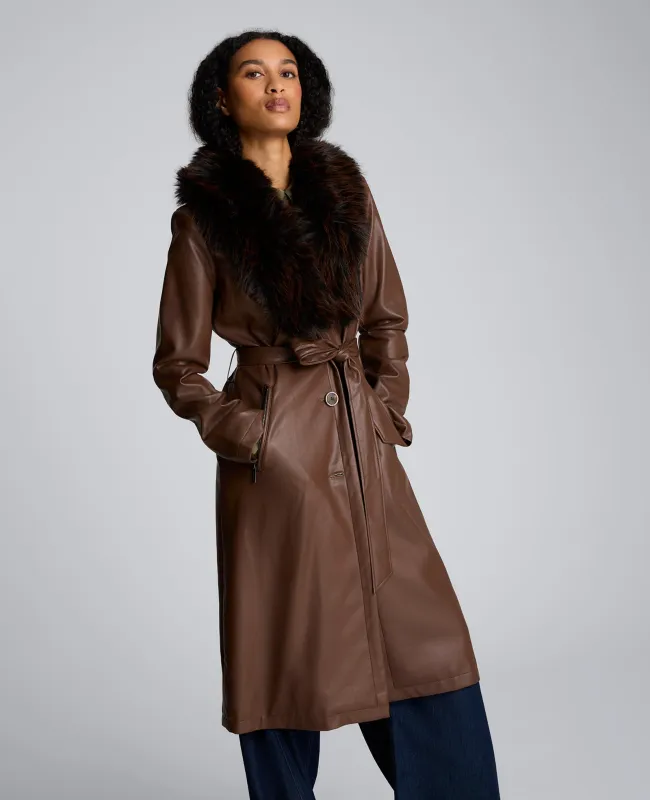 Belted Faux Leather Trench Coat with Faux Fur Collar sold by Kenneth Cole