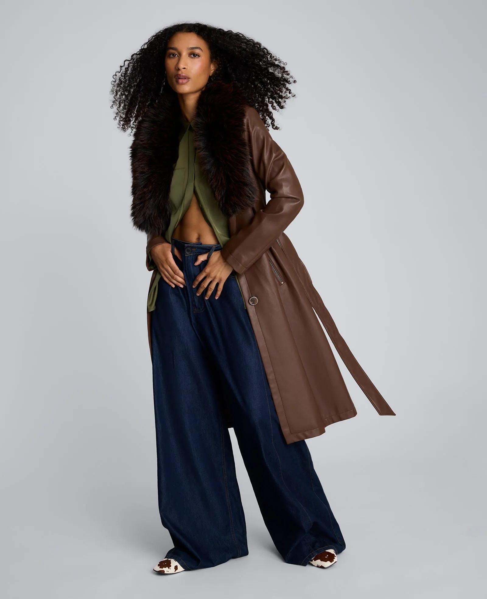 Belted Faux Leather Trench Coat with Faux Fur Collar sold by Kenneth Cole product image thumbnail 3