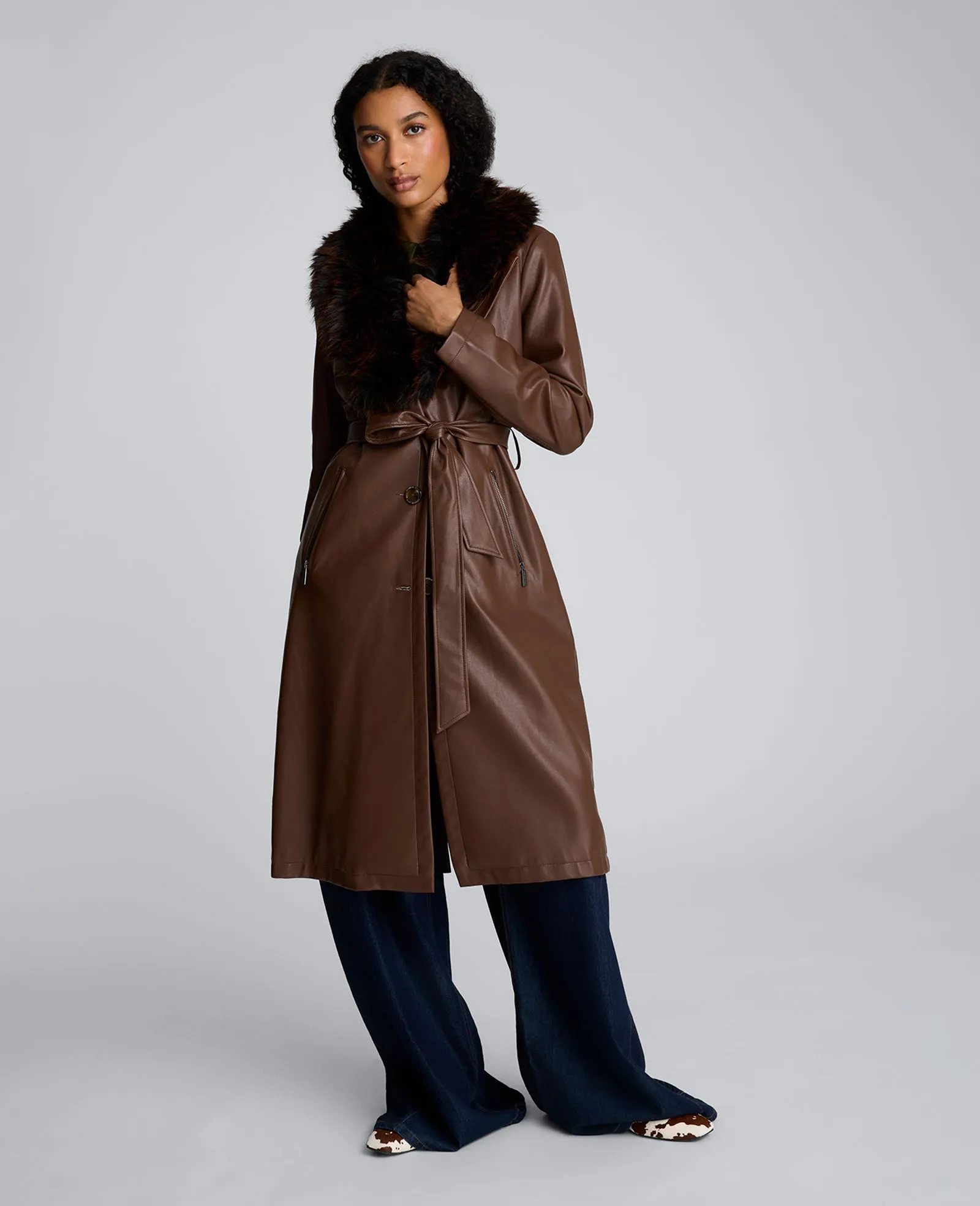 Belted Faux Leather Trench Coat with Faux Fur Collar sold by Kenneth Cole product image thumbnail 4