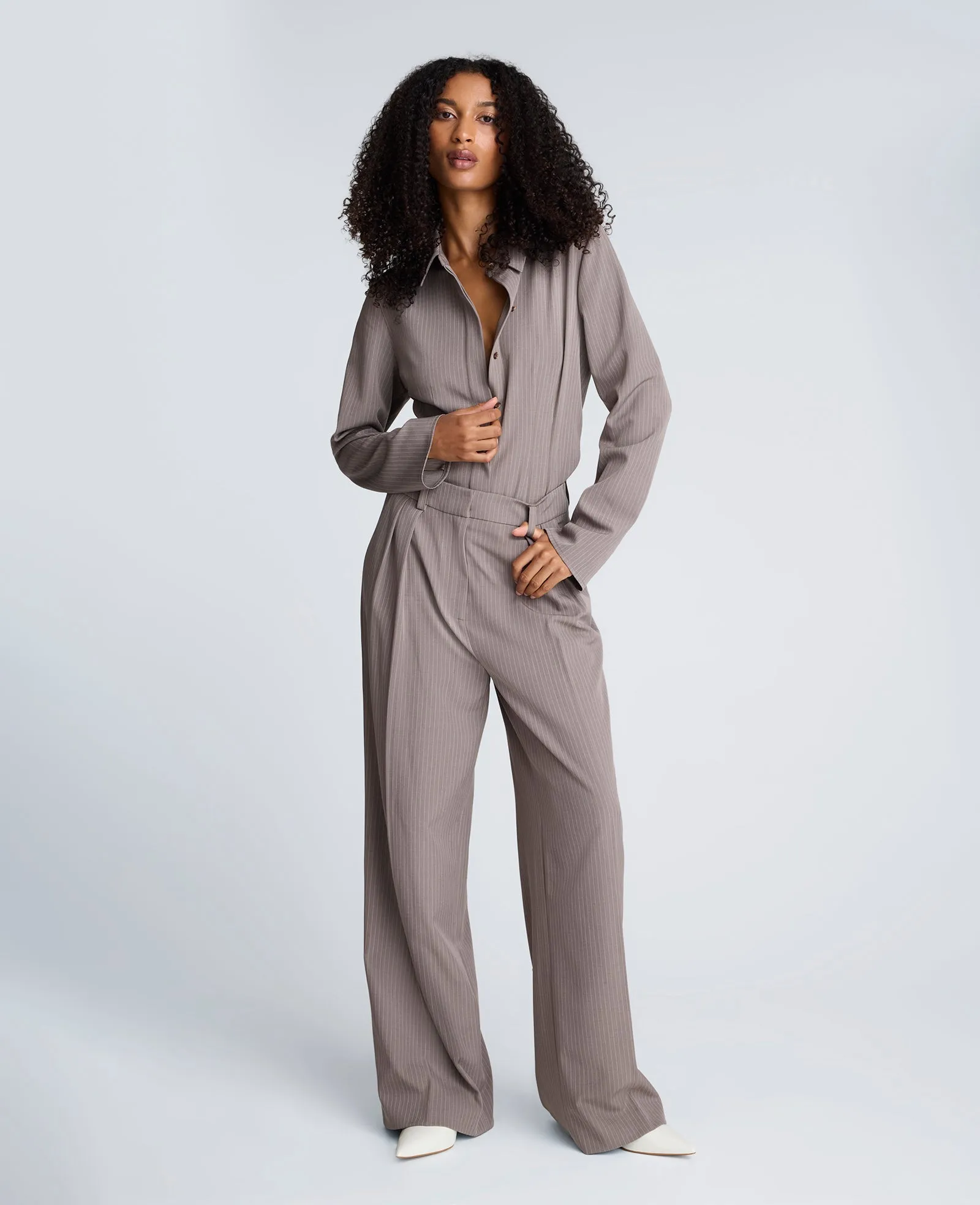 Pinstripe High Rise Fly Front Double Pleated Wide Leg Pant sold by Kenneth Cole product image thumbnail 3