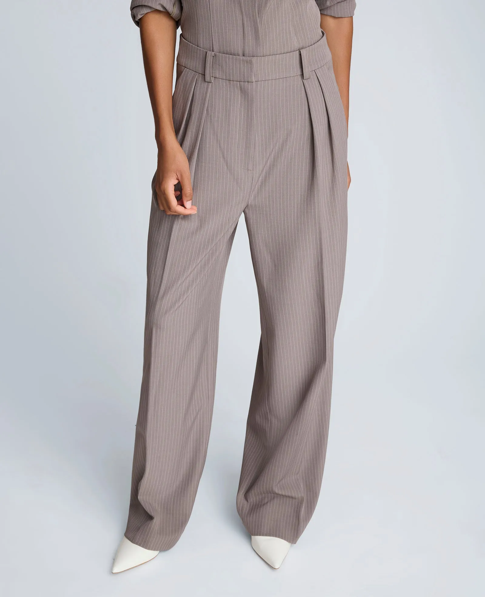 Pinstripe High Rise Fly Front Double Pleated Wide Leg Pant sold by Kenneth Cole