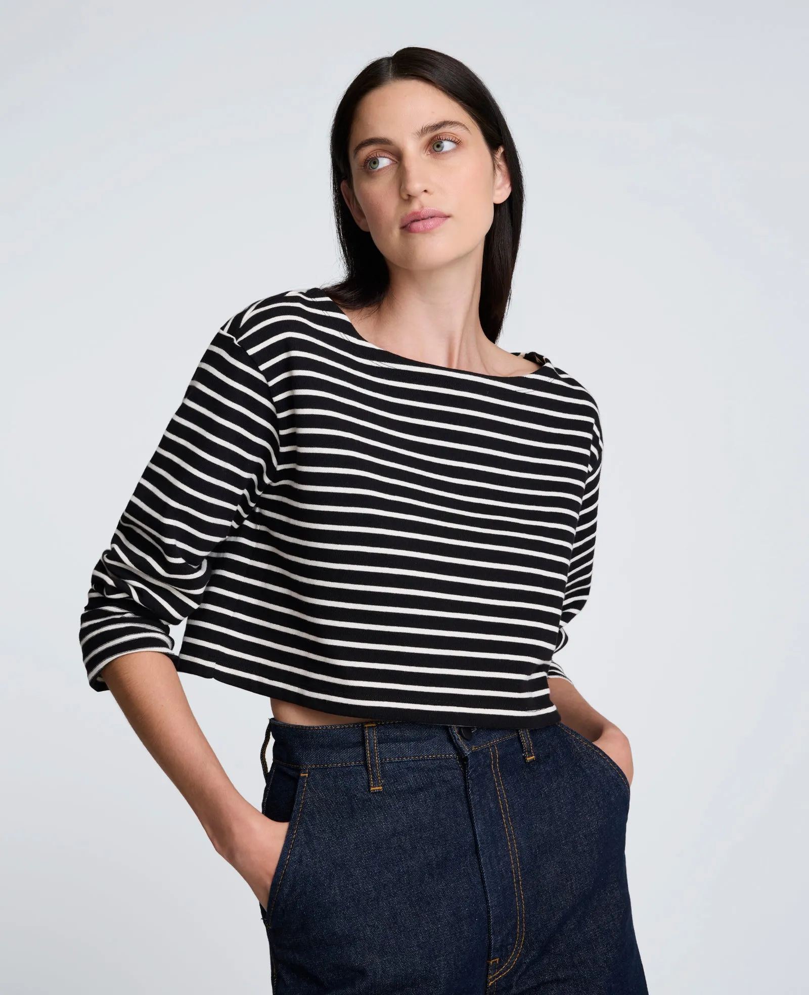 Striped Cotton Cropped Boatneck Long Sleeve Tee sold by Kenneth Cole