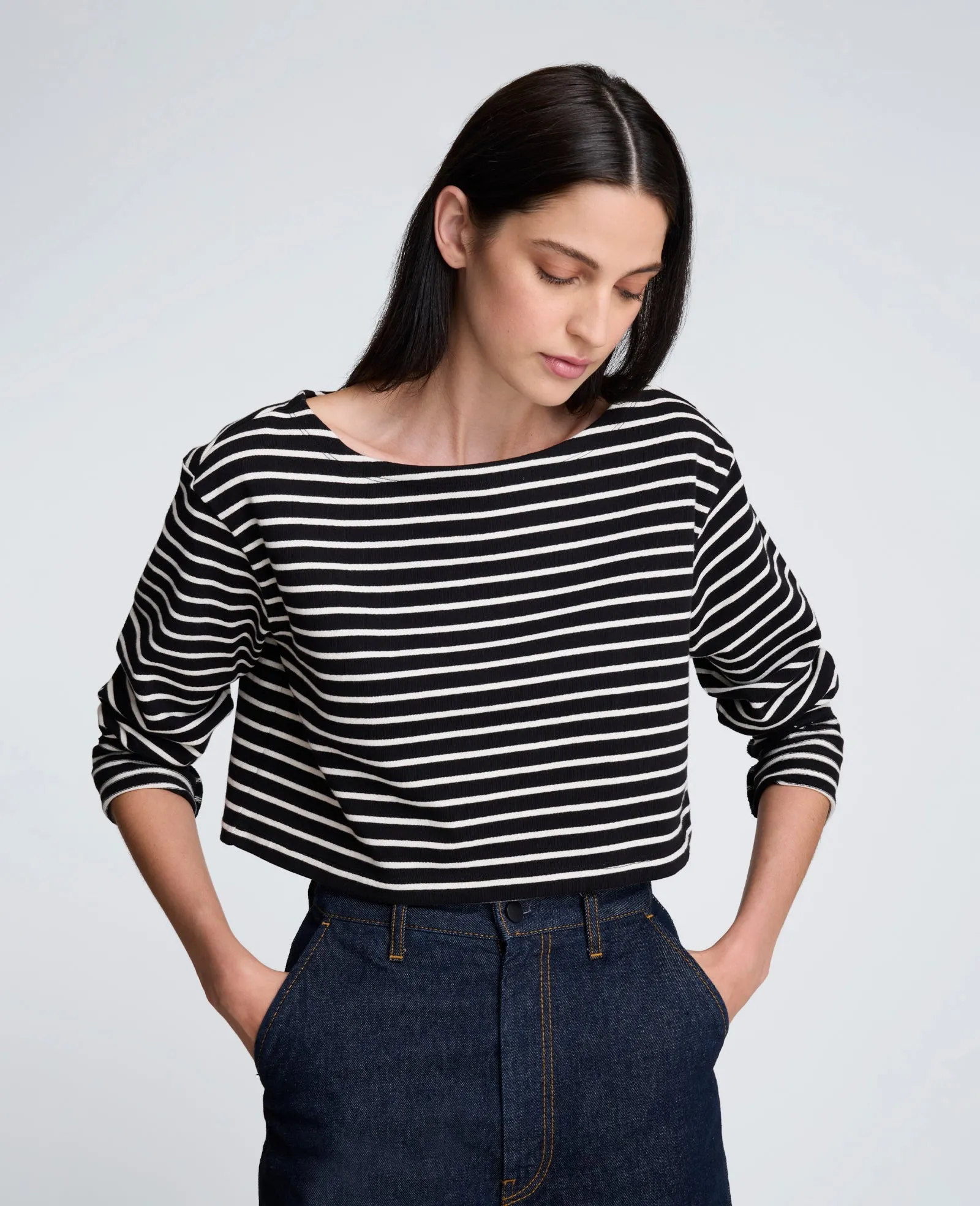 Striped Cotton Cropped Boatneck Long Sleeve Tee sold by Kenneth Cole product image thumbnail 4