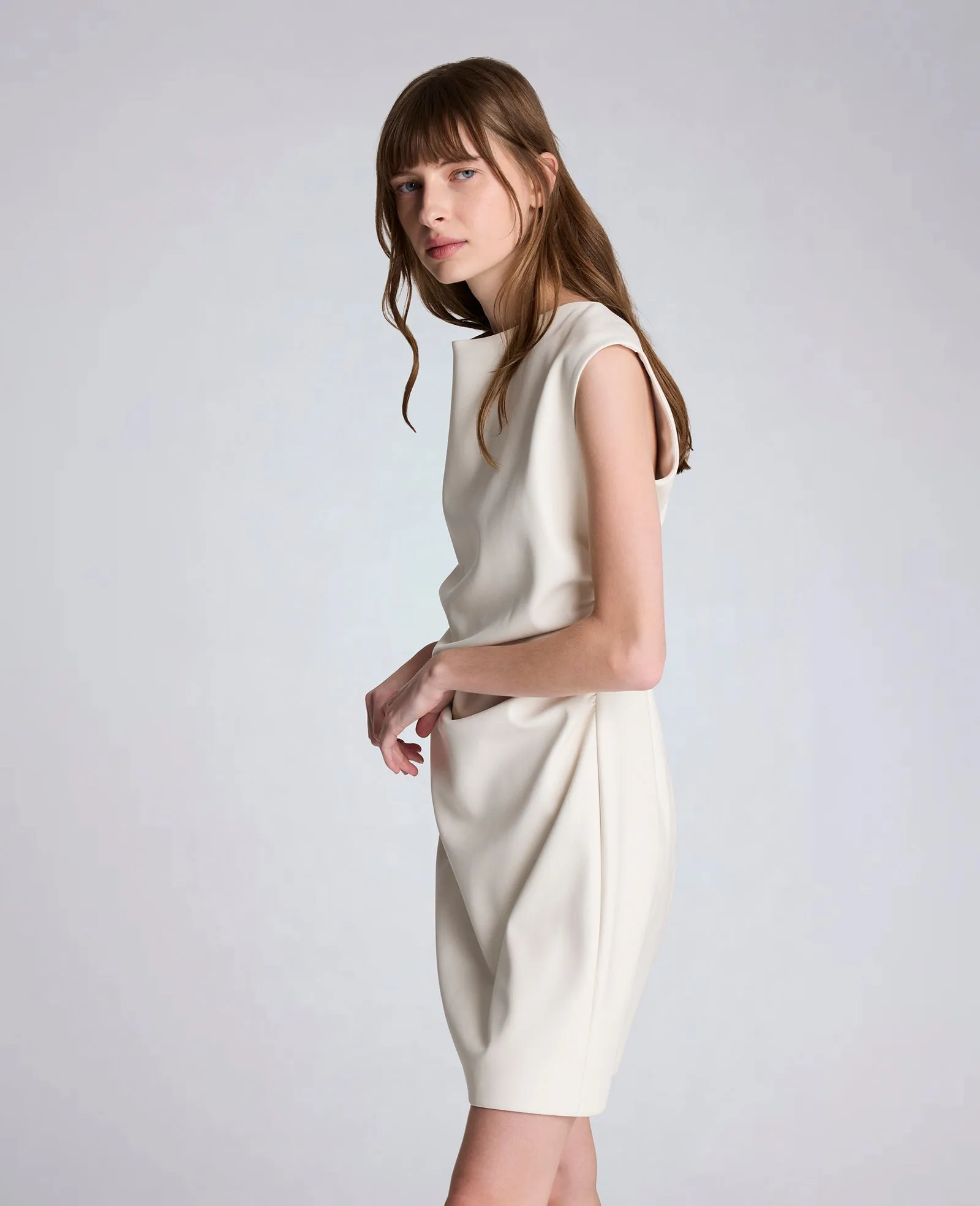Vegan Leather Boatneck Rouched Waist Short Dress sold by Kenneth Cole product image thumbnail 3