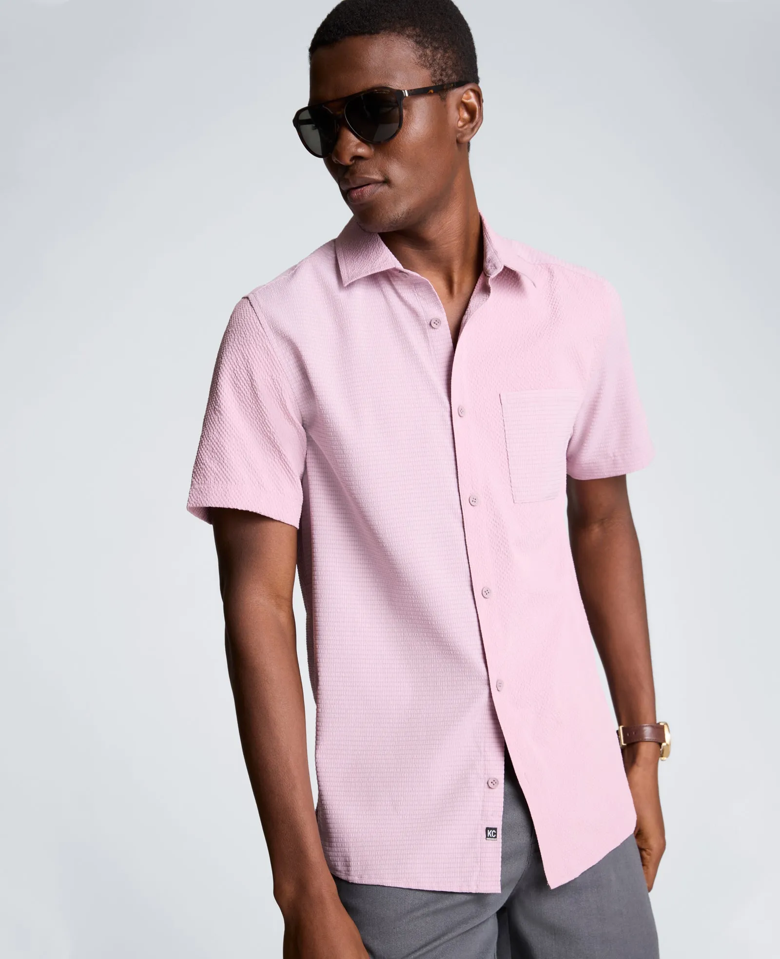Slim Fit Short-Sleeve Mixed-Media Sport Shirt sold by Kenneth Cole product image thumbnail 3