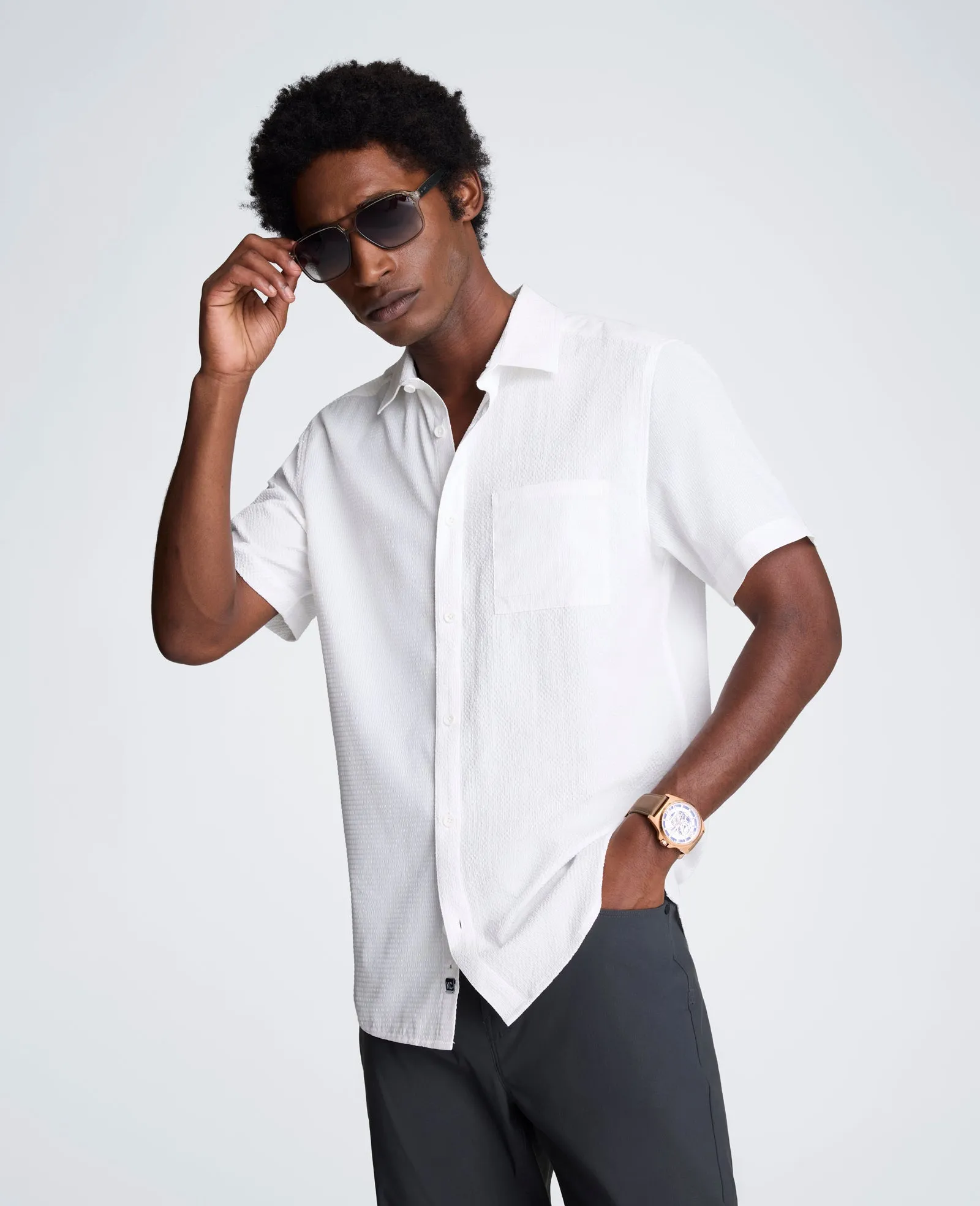 Slim Fit Short-Sleeve Mixed-Media Sport Shirt sold by Kenneth Cole