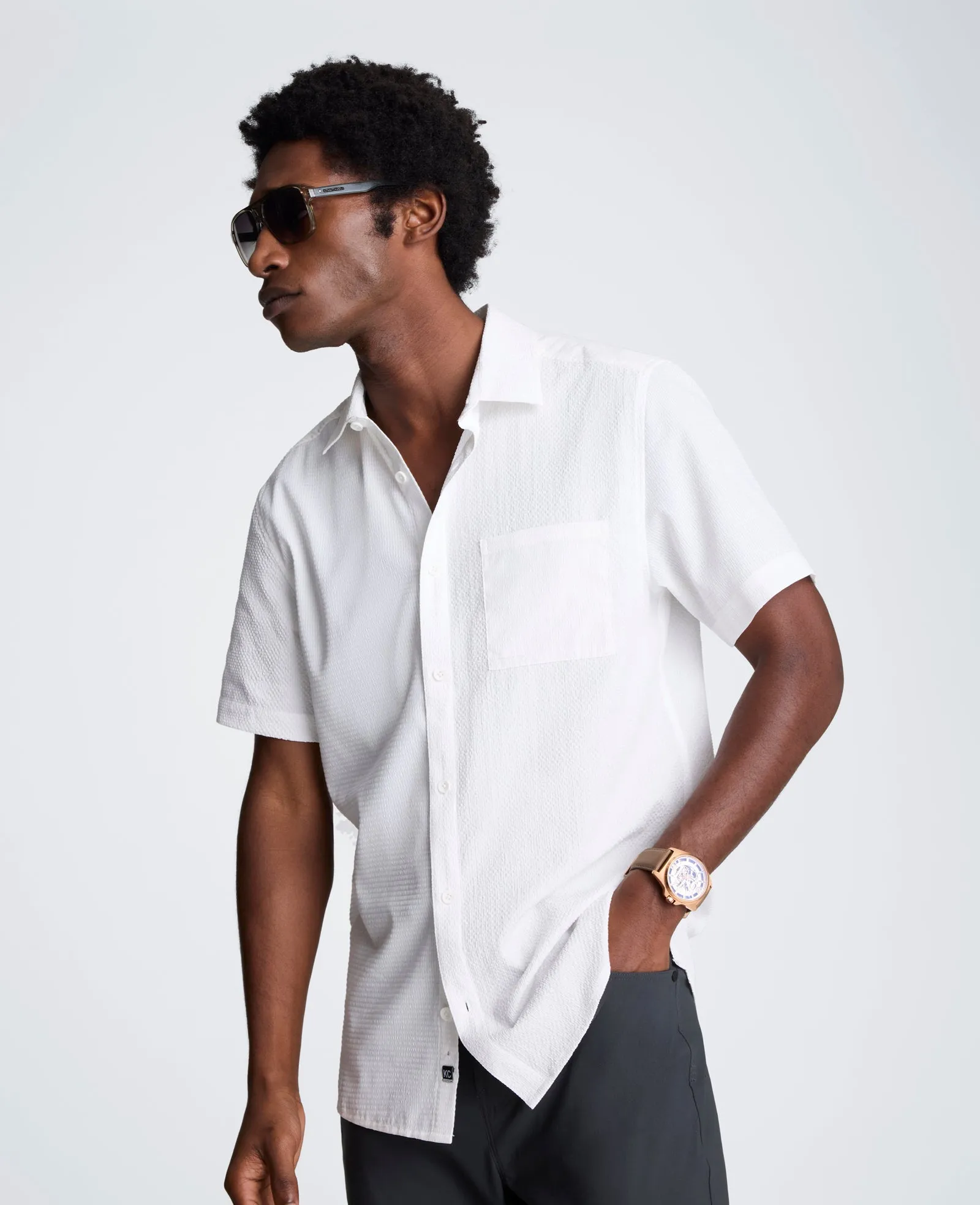 Slim Fit Short-Sleeve Mixed-Media Sport Shirt sold by Kenneth Cole product image thumbnail 3