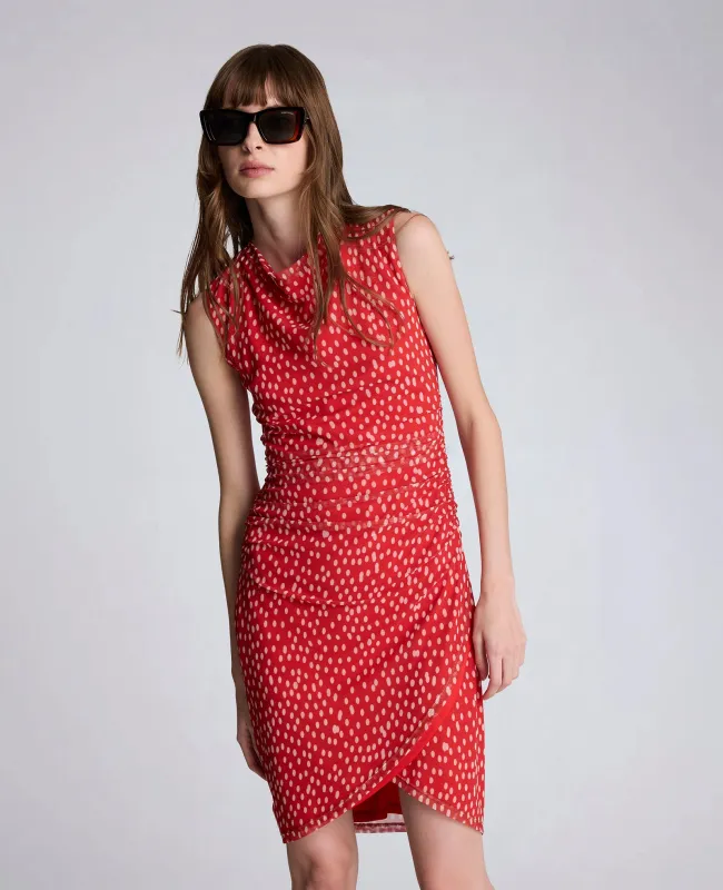 Polka Dot Mesh Side Rouched Faux Wrap Dress made by Kenneth Cole