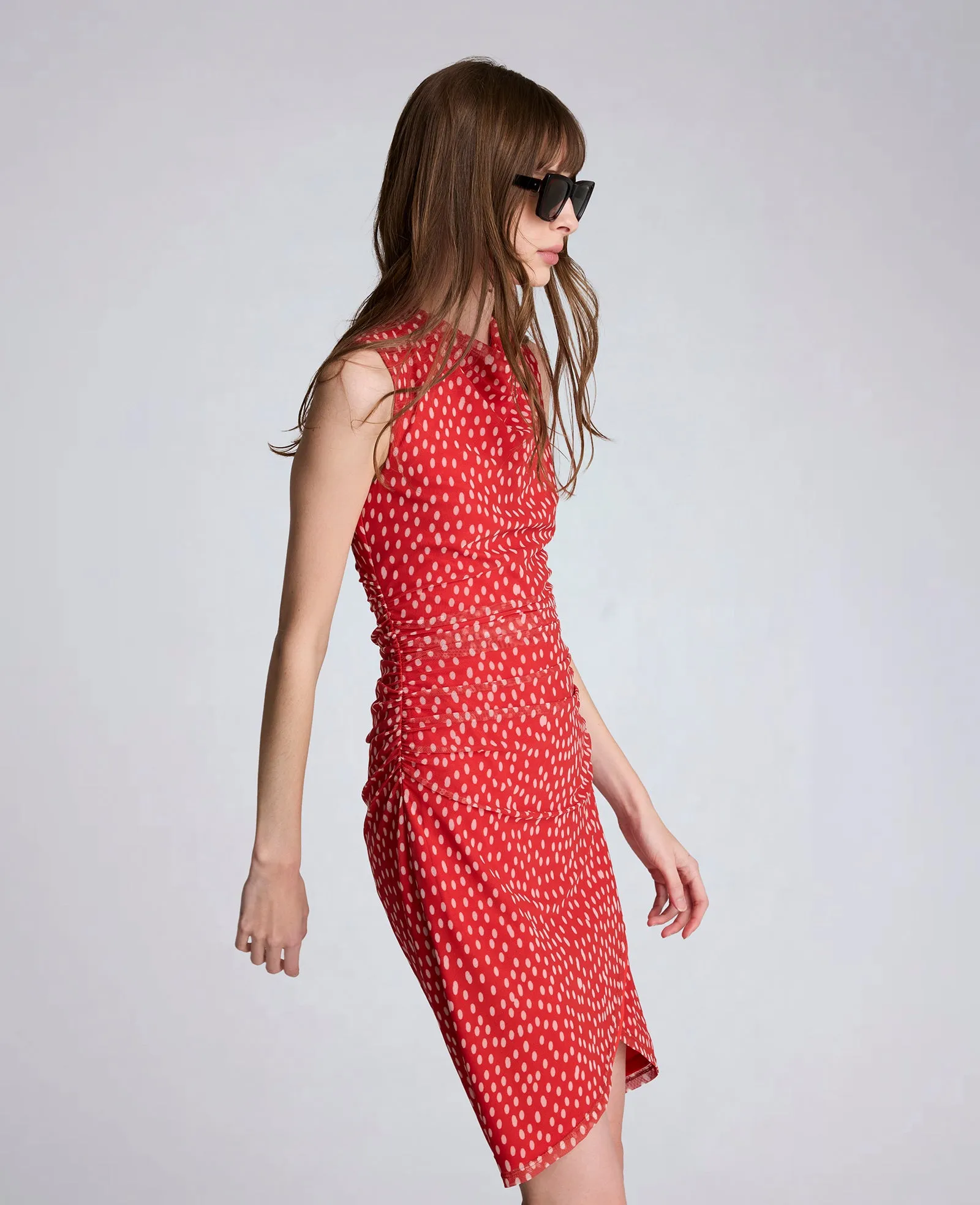 Polka Dot Mesh Side Rouched Faux Wrap Dress sold by Kenneth Cole product image thumbnail 3