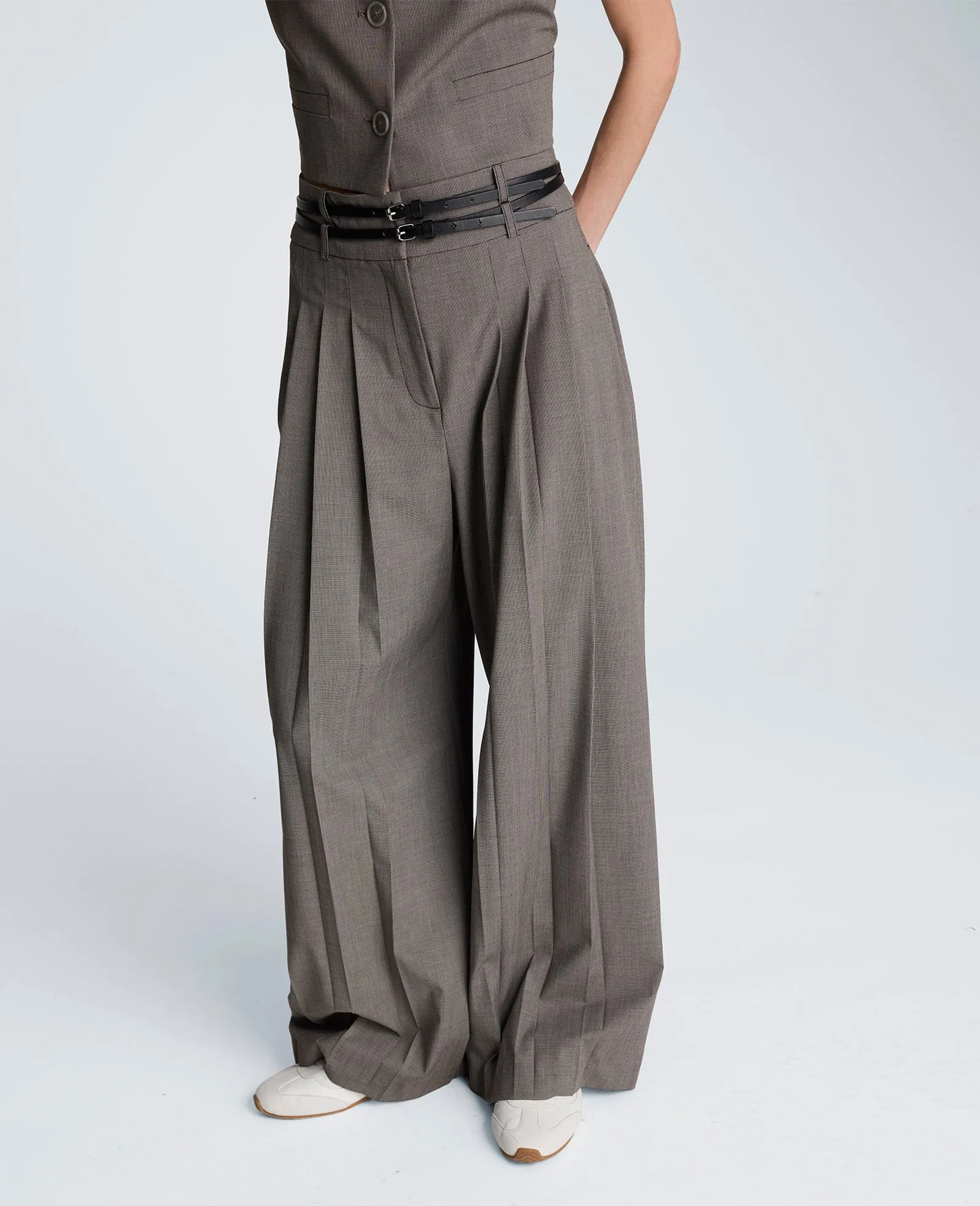 Fly Front High Rise Wide Leg Double Belted Pant sold by Kenneth Cole