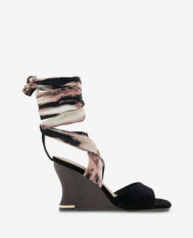 Fabia Printed Fabric Wrap Around Suede & Raffia Wedge sold by Kenneth Cole