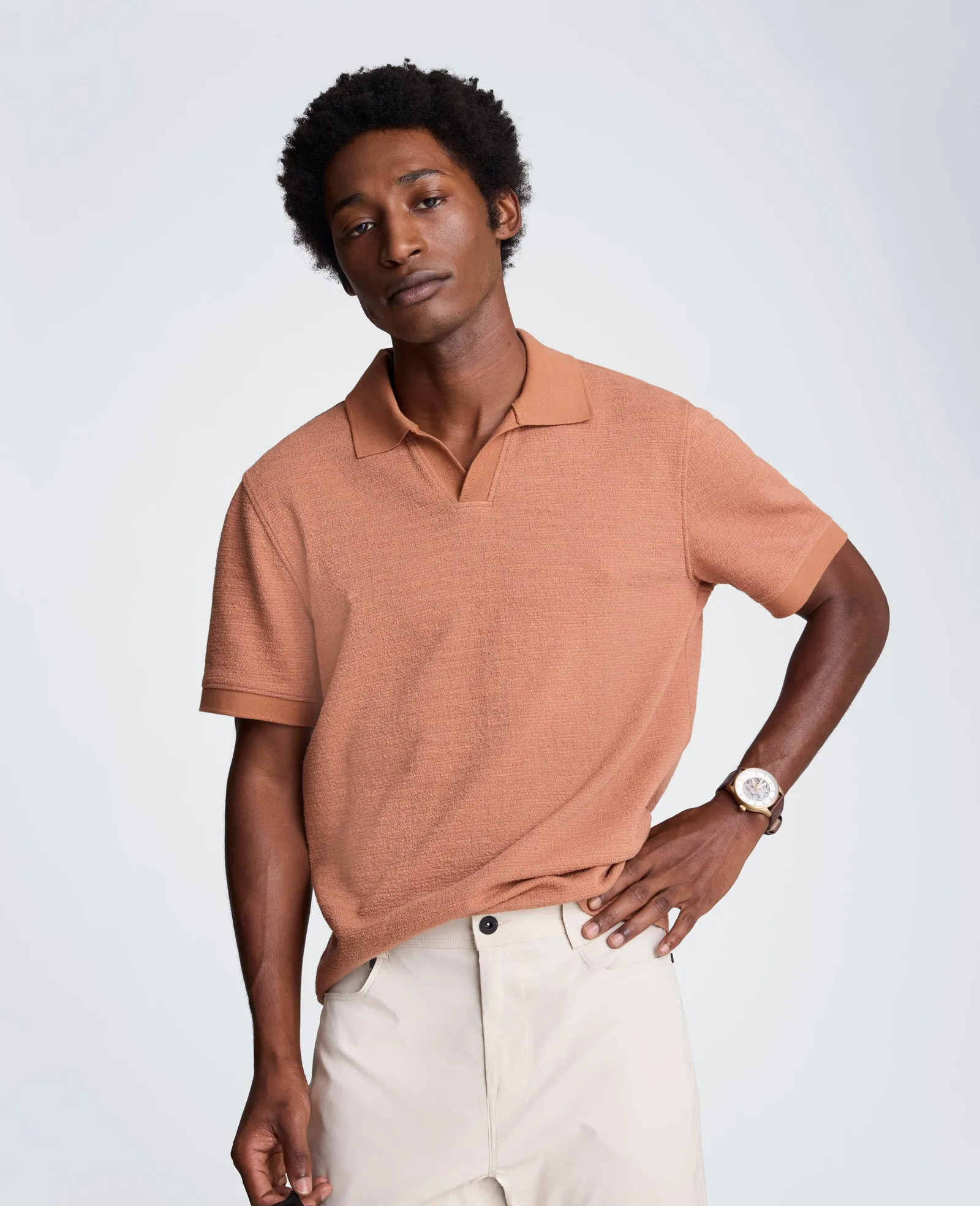 Short Sleeve Johnny Collar Polo with Ribbing sold by Kenneth Cole