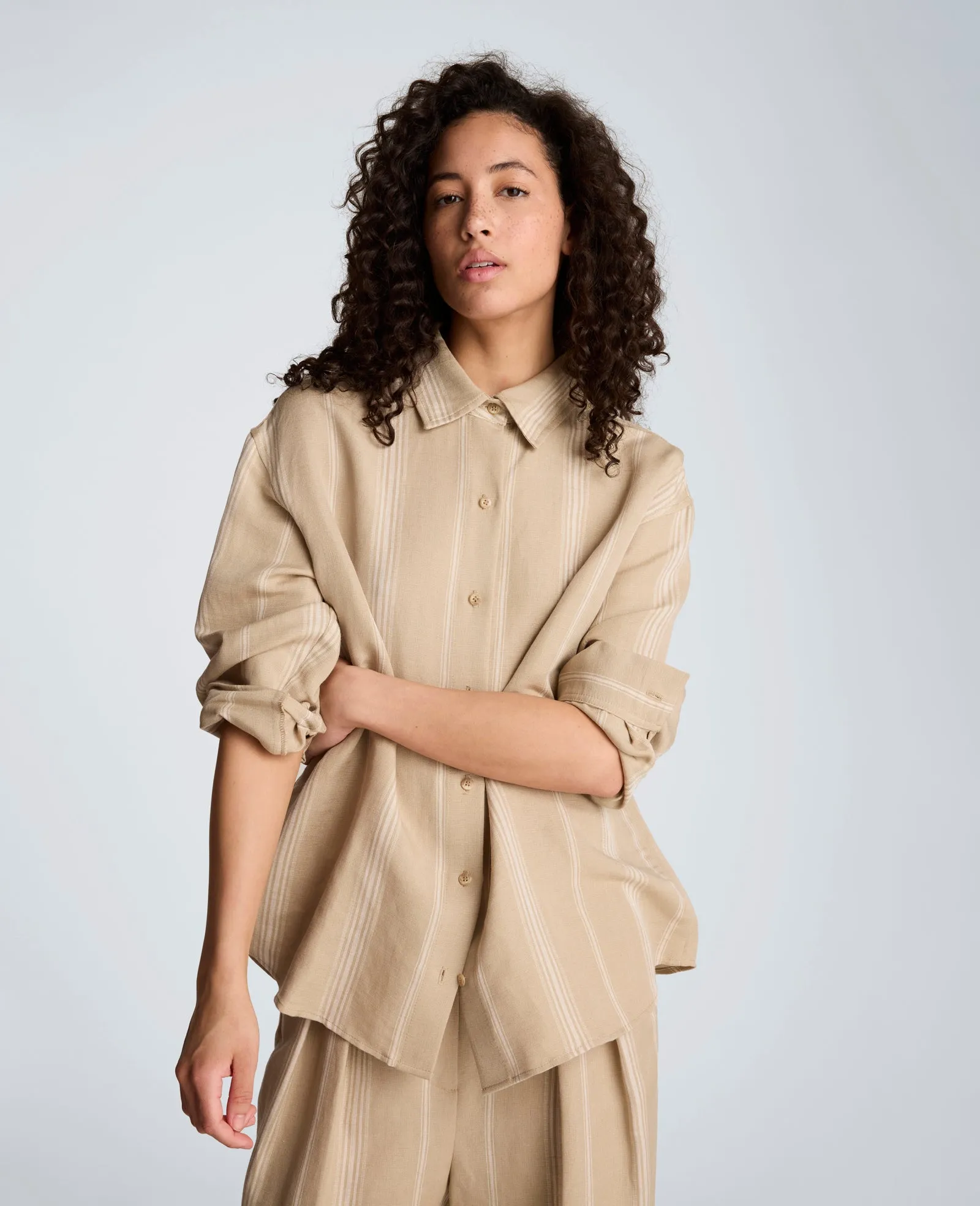 Striped Drop Shoulder Button Front Boyfriend Linen Shirt sold by Kenneth Cole product image thumbnail 5